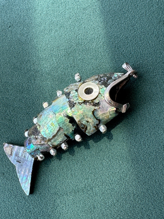Vintage 1970s Silver Tone Abalone Shell Fish Necklace Also a Real Working Bottle Opener