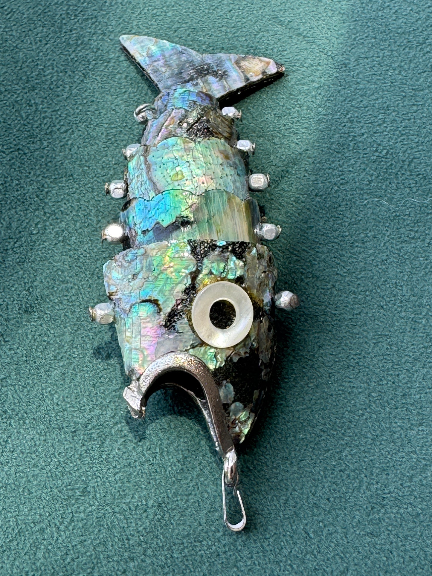 Vintage 1970s Silver Tone Abalone Shell Fish Necklace Also a Real Working Bottle Opener
