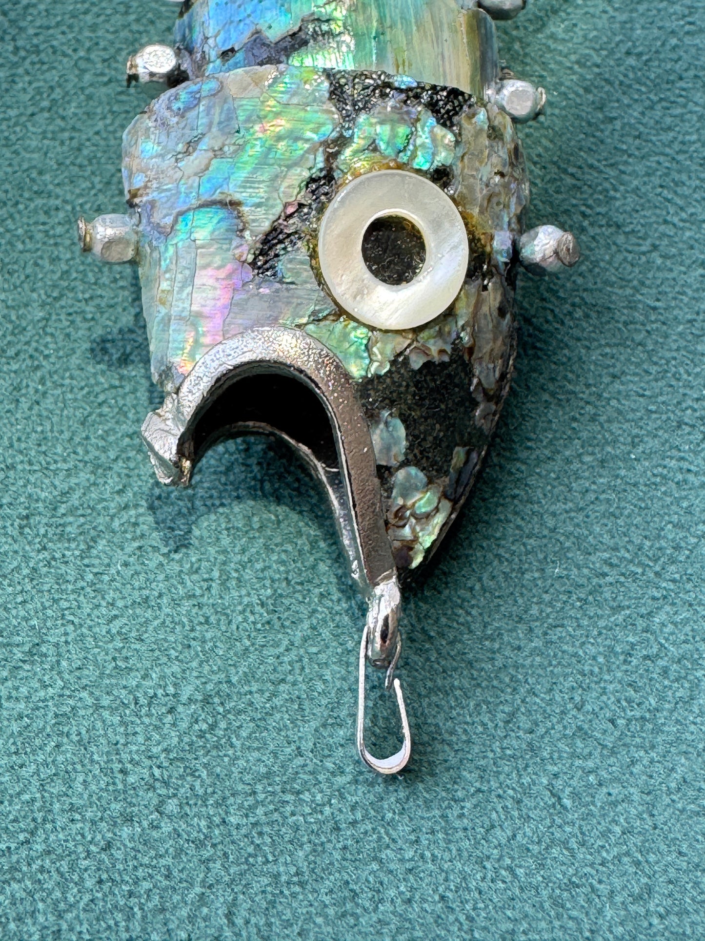 Vintage 1970s Silver Tone Abalone Shell Fish Necklace Also a Real Working Bottle Opener