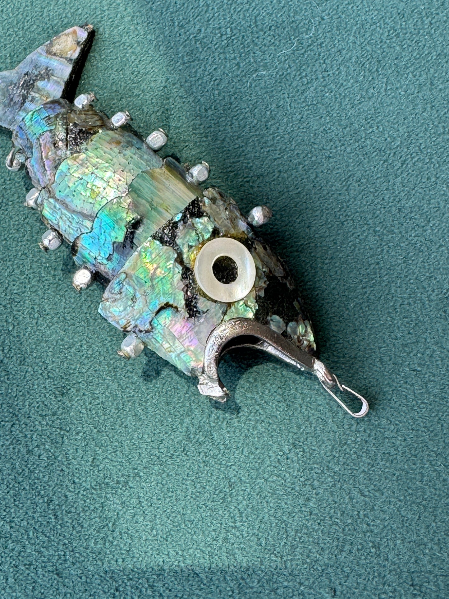 Vintage 1970s Silver Tone Abalone Shell Fish Necklace Also a Real Working Bottle Opener