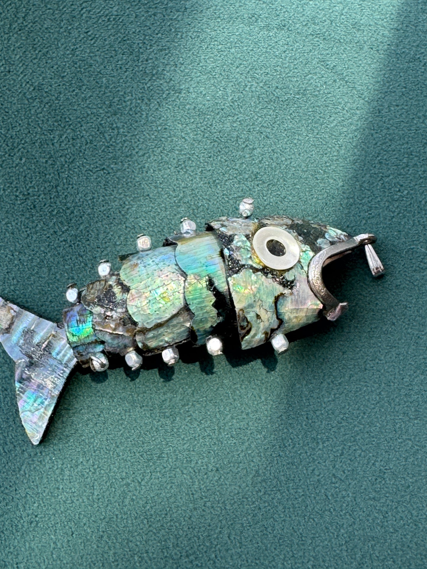 Vintage 1970s Silver Tone Abalone Shell Fish Necklace Also a Real Working Bottle Opener