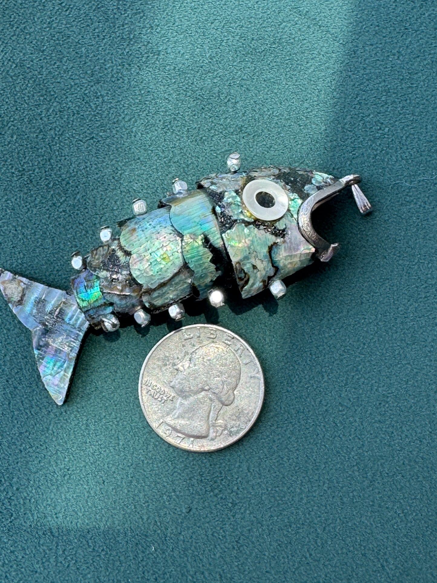 Vintage 1970s Silver Tone Abalone Shell Fish Necklace Also a Real Working Bottle Opener