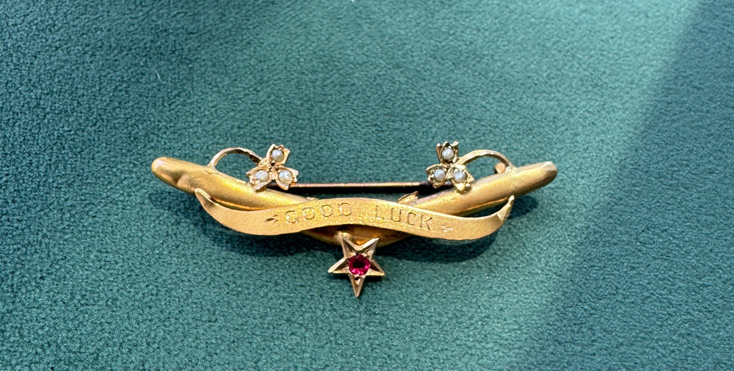 Antique Victorian 9CT Gold Good Luck Bar Pin Seed Pearl Clovers Pink Gemstone Star Wear It Pinned or Hung