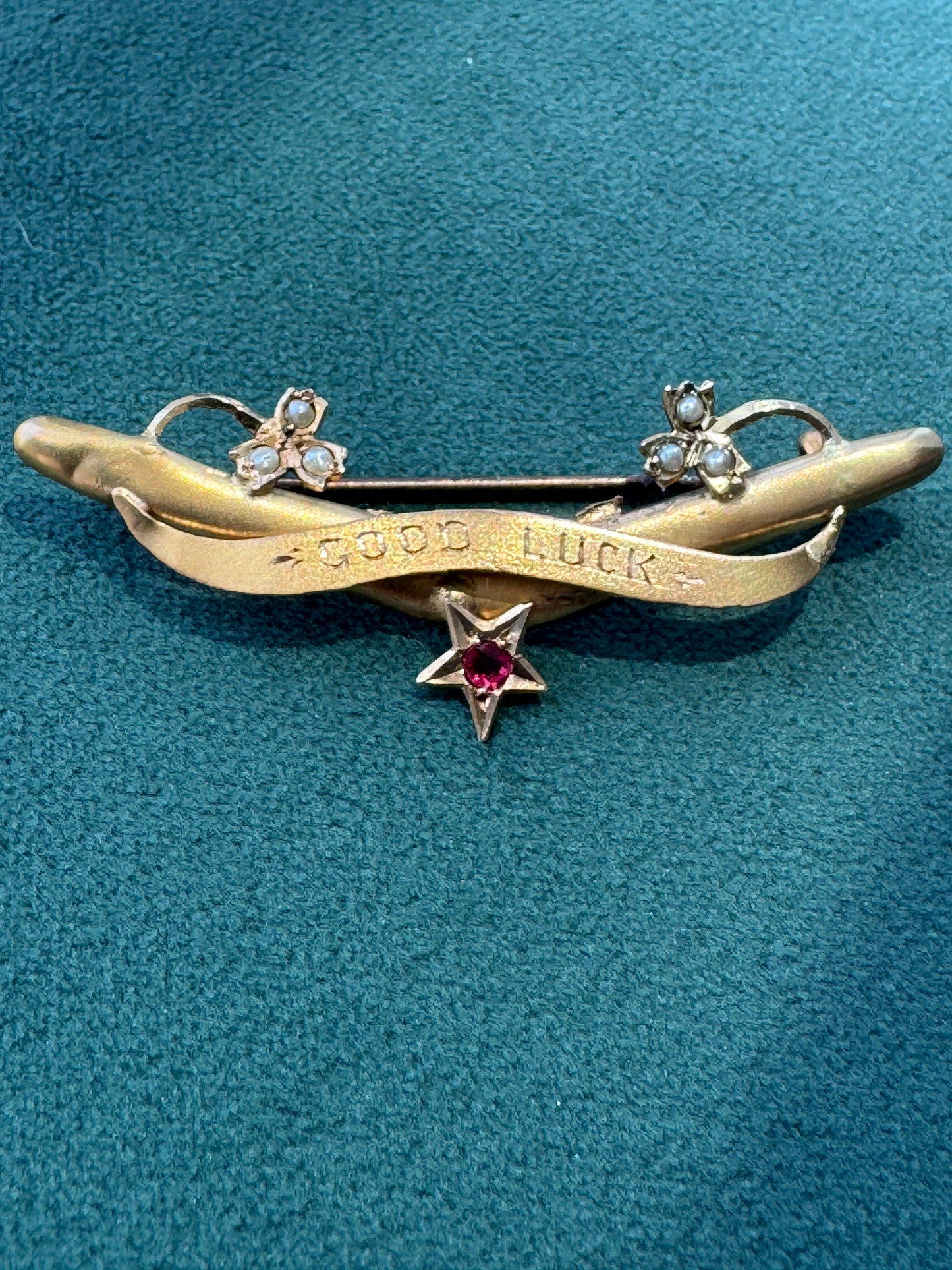 Antique Victorian 9CT Gold Good Luck Bar Pin Seed Pearl Clovers Pink Gemstone Star Wear It Pinned or Hung