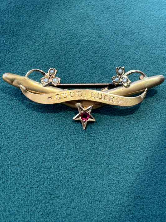 Antique Victorian 9CT Gold Good Luck Bar Pin Seed Pearl Clovers Pink Gemstone Star Wear It Pinned or Hung