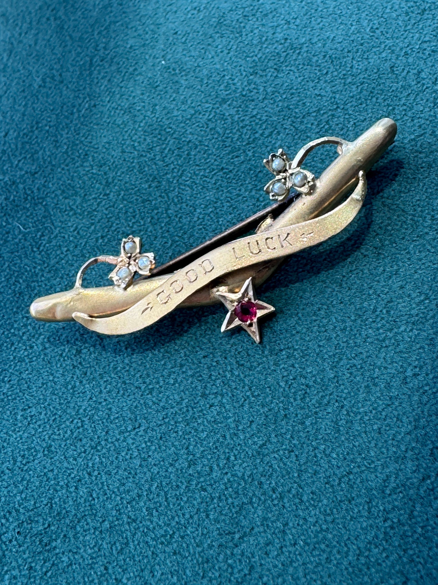 Antique Victorian 9CT Gold Good Luck Bar Pin Seed Pearl Clovers Pink Gemstone Star Wear It Pinned or Hung