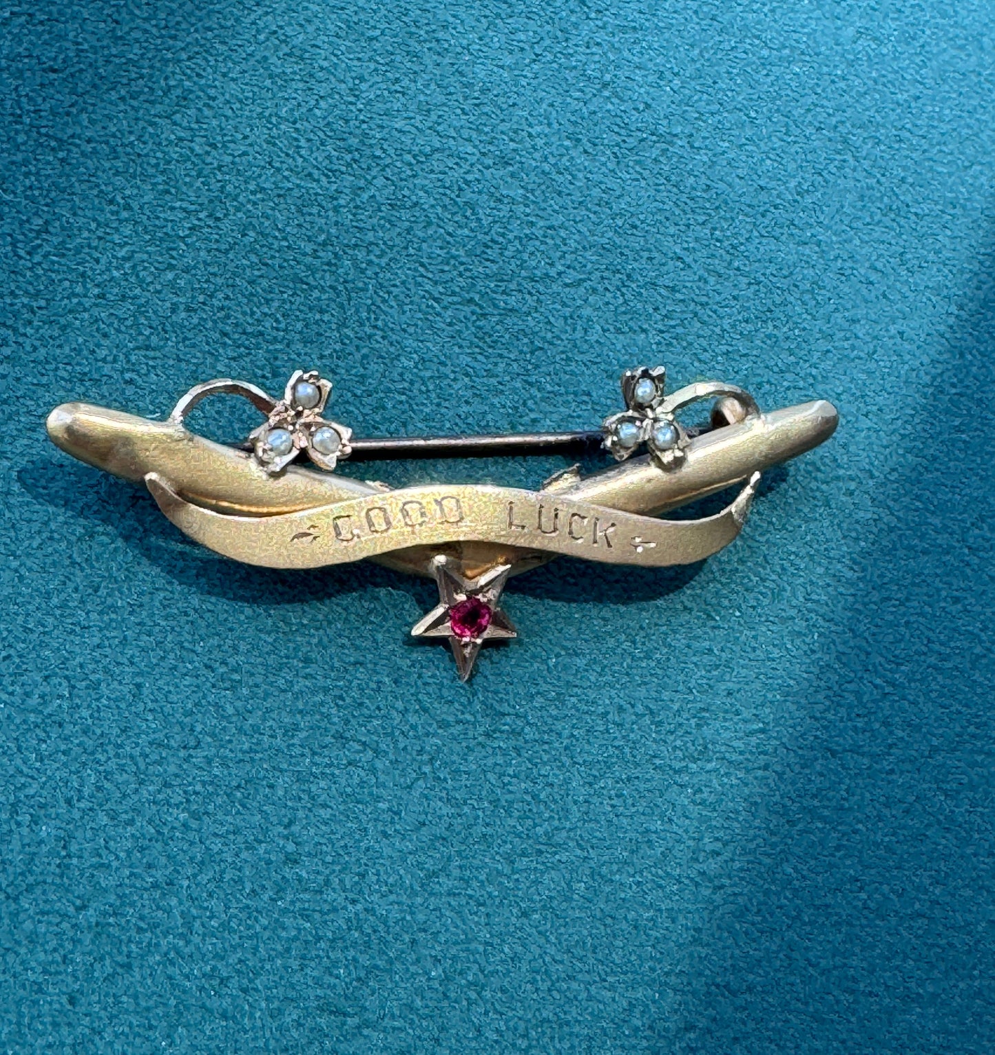 Antique Victorian 9CT Gold Good Luck Bar Pin Seed Pearl Clovers Pink Gemstone Star Wear It Pinned or Hung