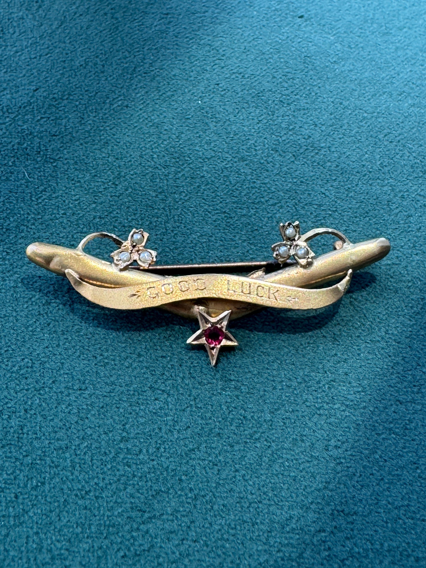 Antique Victorian 9CT Gold Good Luck Bar Pin Seed Pearl Clovers Pink Gemstone Star Wear It Pinned or Hung
