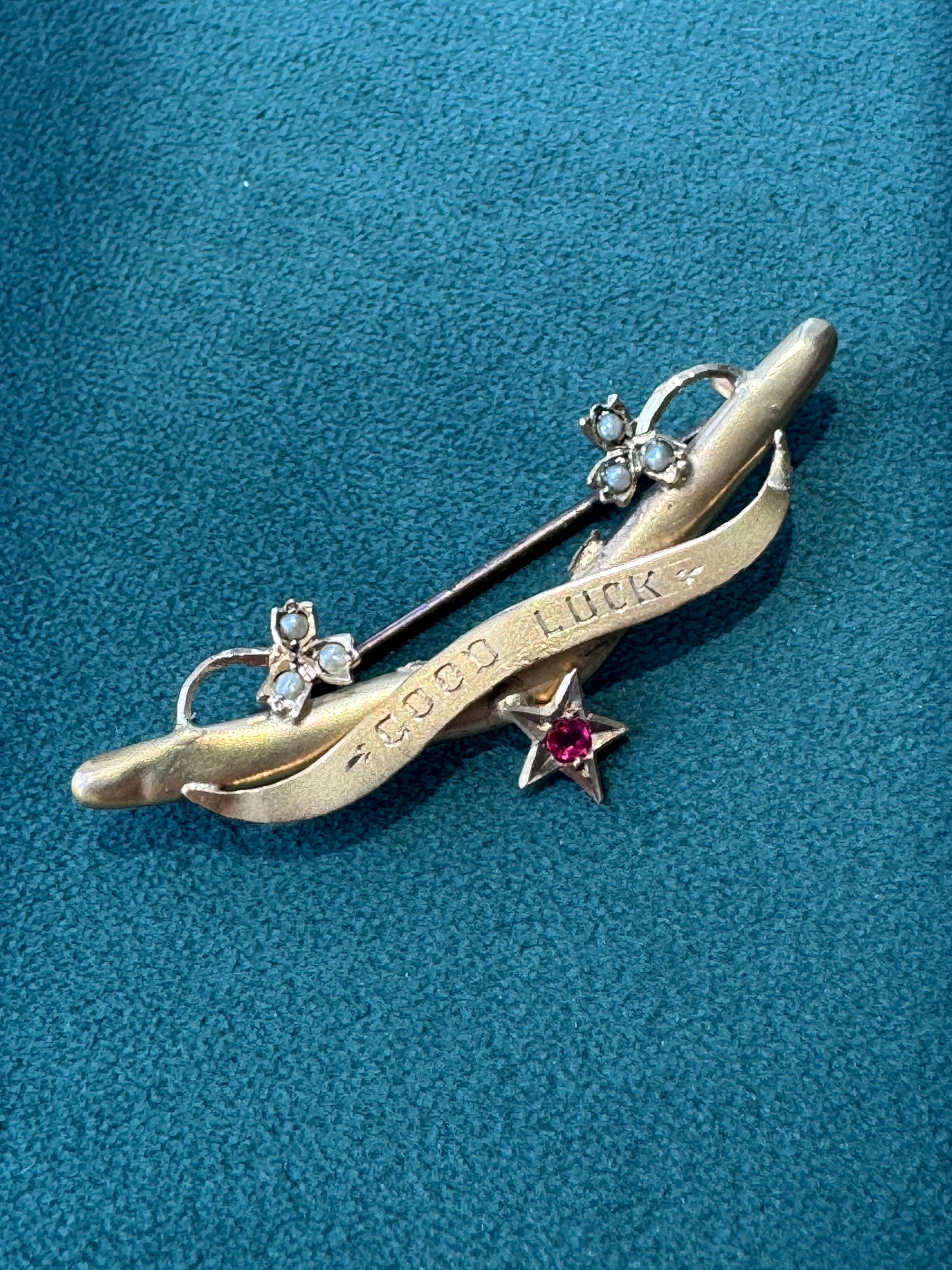 Antique Victorian 9CT Gold Good Luck Bar Pin Seed Pearl Clovers Pink Gemstone Star Wear It Pinned or Hung