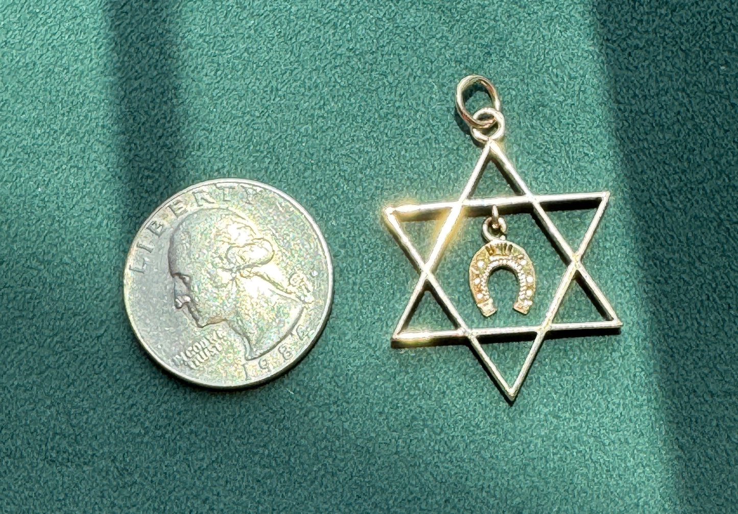 Estate 14K Gold Large Star of David Pendant With Dangling Lucky Horseshoe Charm Judaica Meets Good Fortune