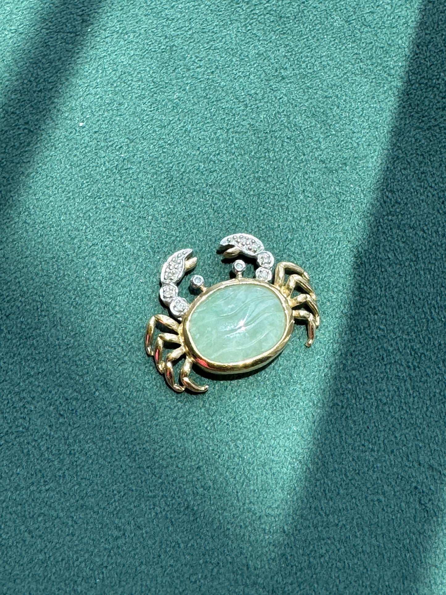 Vintage Heng Ngai 10k Gold Crab Pendant, Jade Cabochon with Diamond Accents