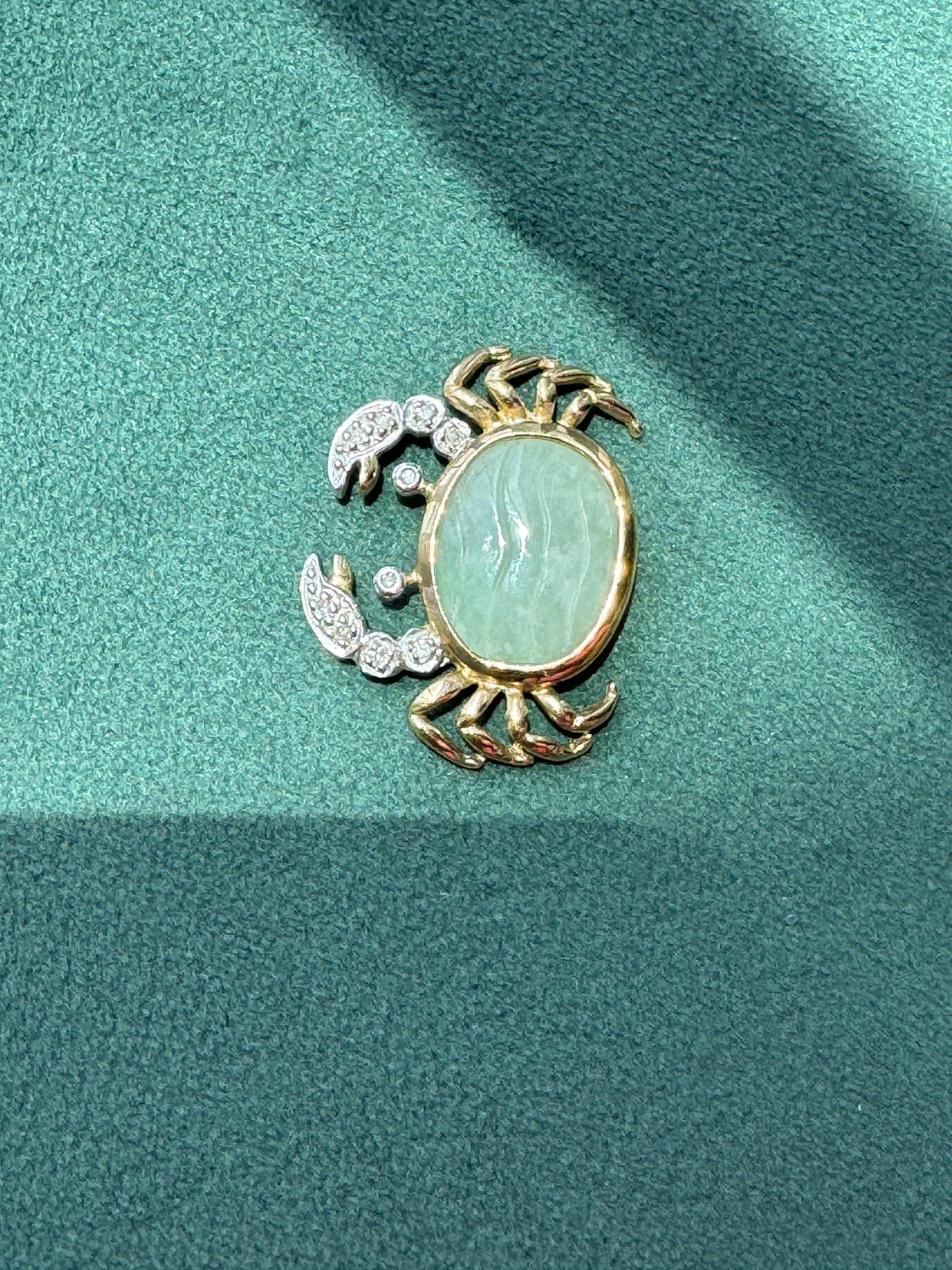 Vintage Heng Ngai 10k Gold Crab Pendant, Jade Cabochon with Diamond Accents