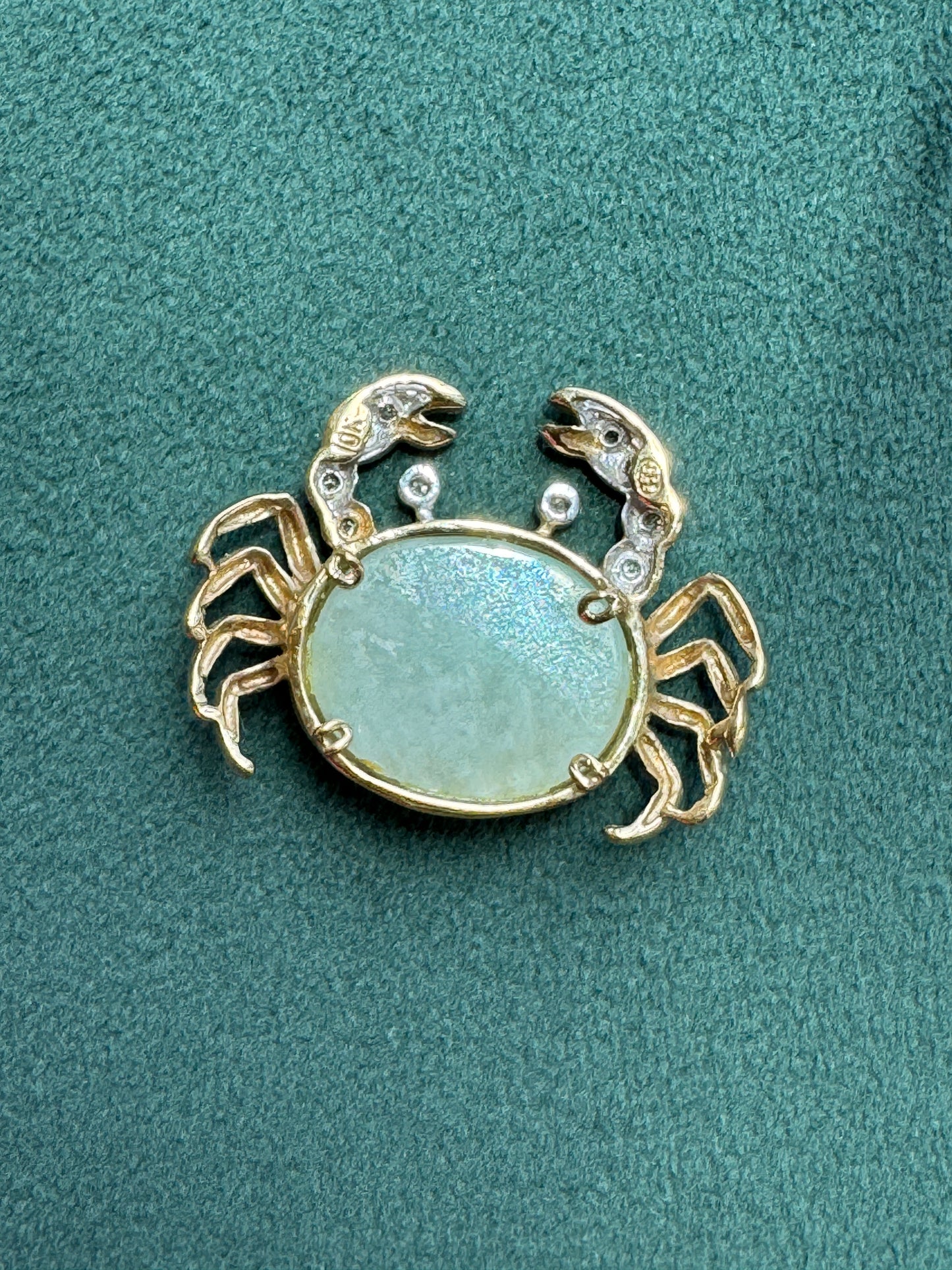 Vintage Heng Ngai 10k Gold Crab Pendant, Jade Cabochon with Diamond Accents