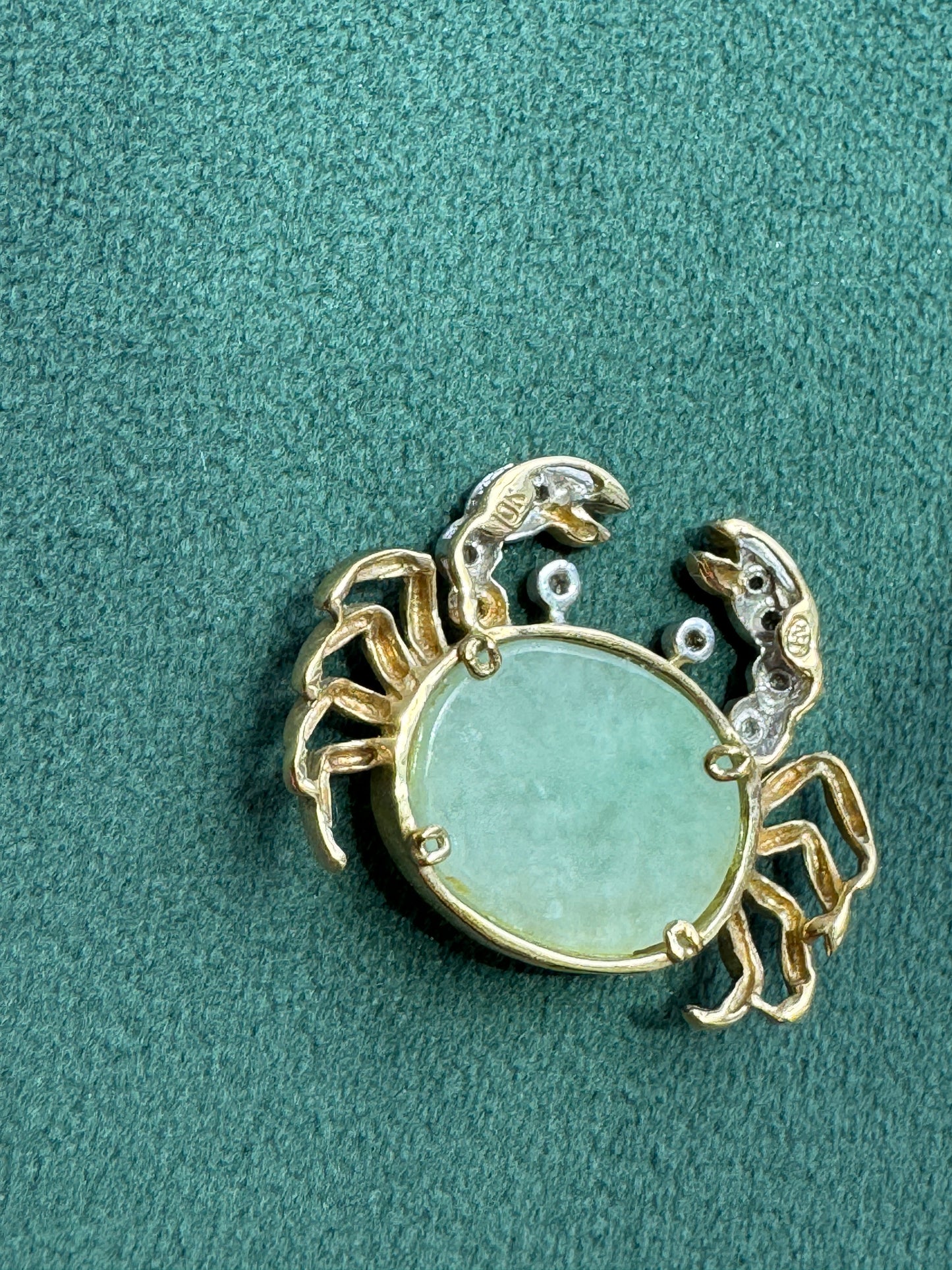 Vintage Heng Ngai 10k Gold Crab Pendant, Jade Cabochon with Diamond Accents
