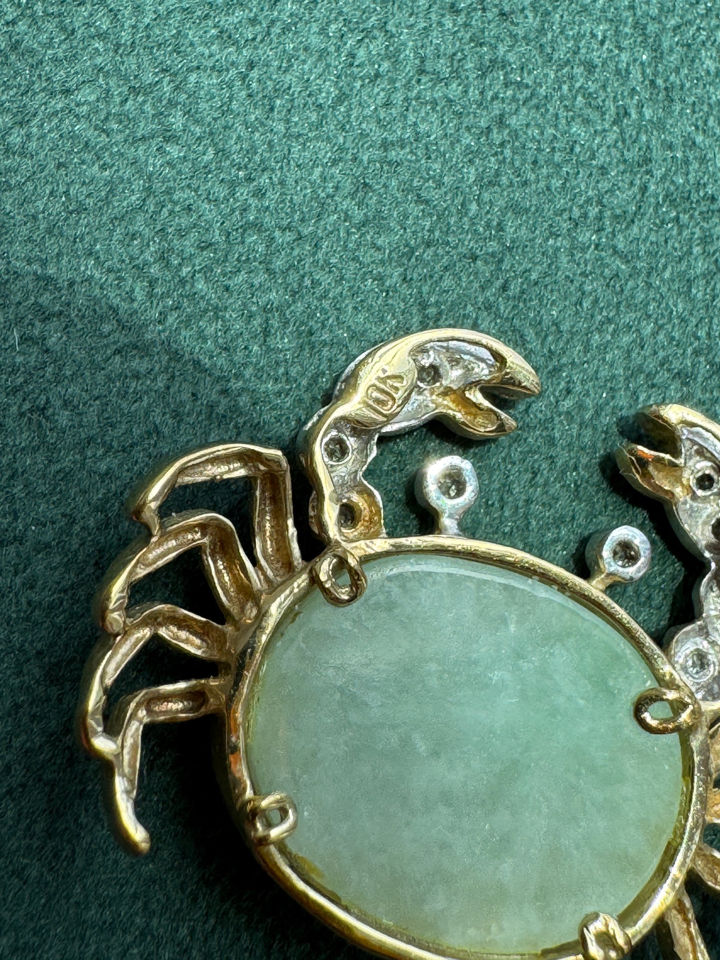 Vintage Heng Ngai 10k Gold Crab Pendant, Jade Cabochon with Diamond Accents