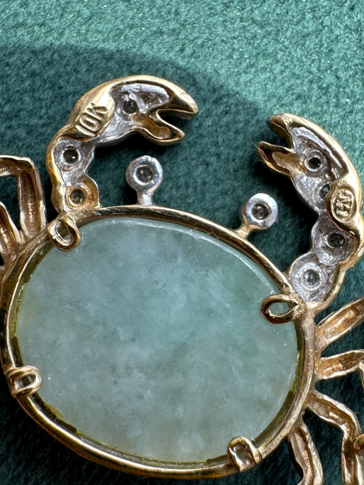 Vintage Heng Ngai 10k Gold Crab Pendant, Jade Cabochon with Diamond Accents