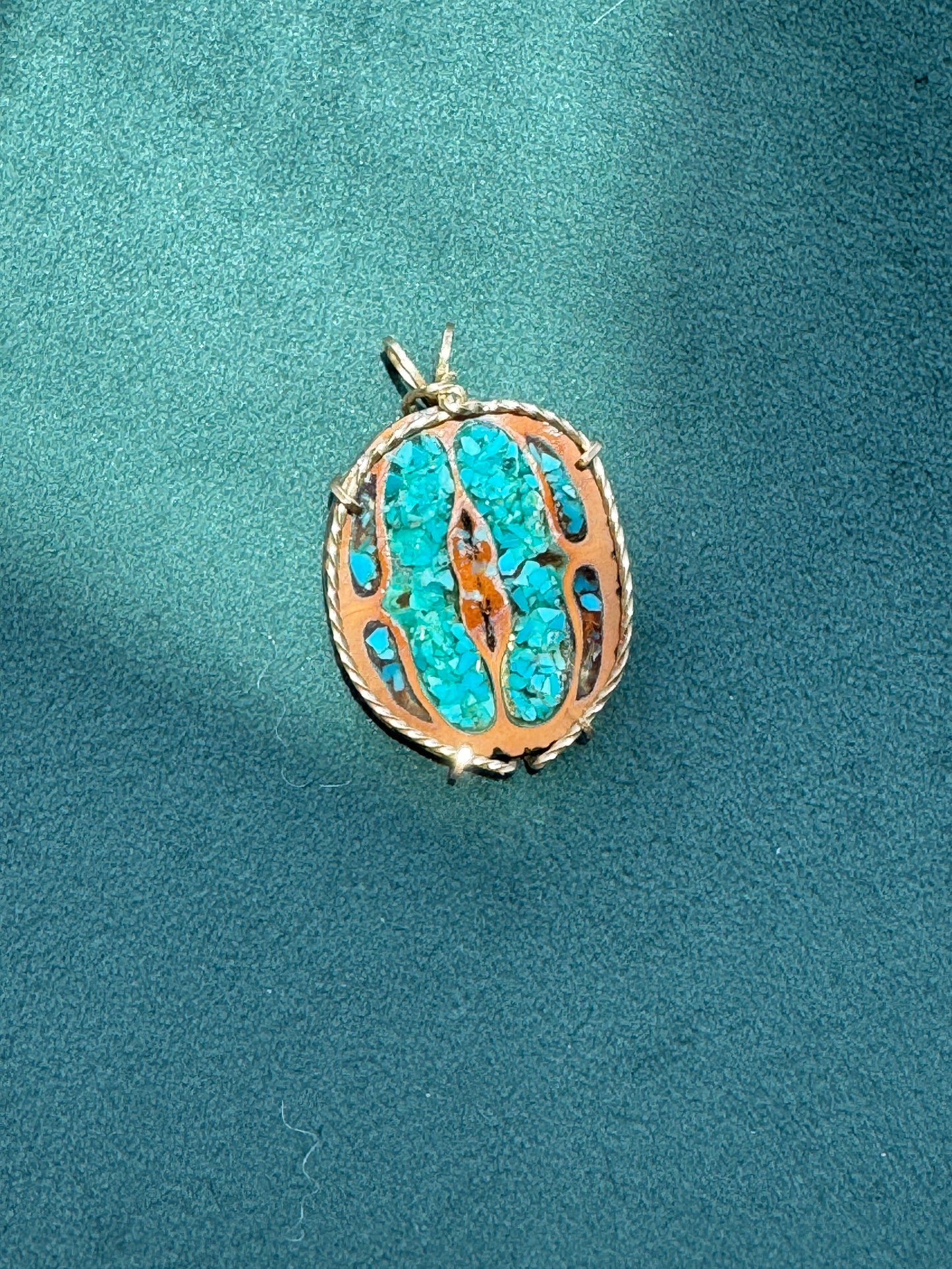 Vintage Walnut Shell Pendant with Crushed Turquoise Inlay, Gold Tone Wire Wrap