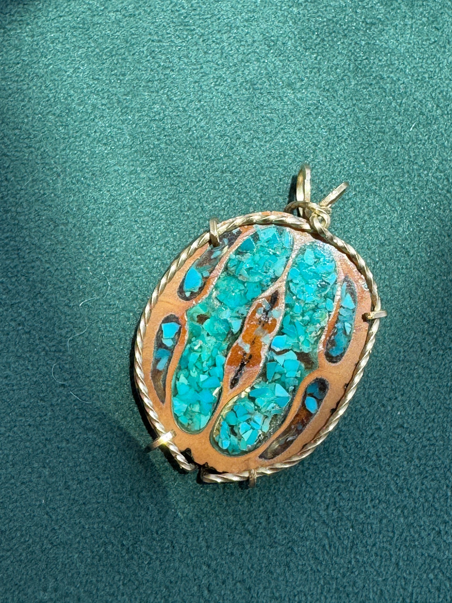 Vintage Walnut Shell Pendant with Crushed Turquoise Inlay, Gold Tone Wire Wrap