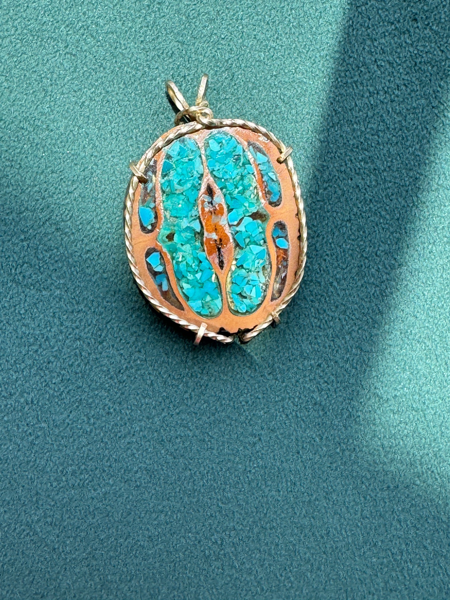Vintage Walnut Shell Pendant with Crushed Turquoise Inlay, Gold Tone Wire Wrap