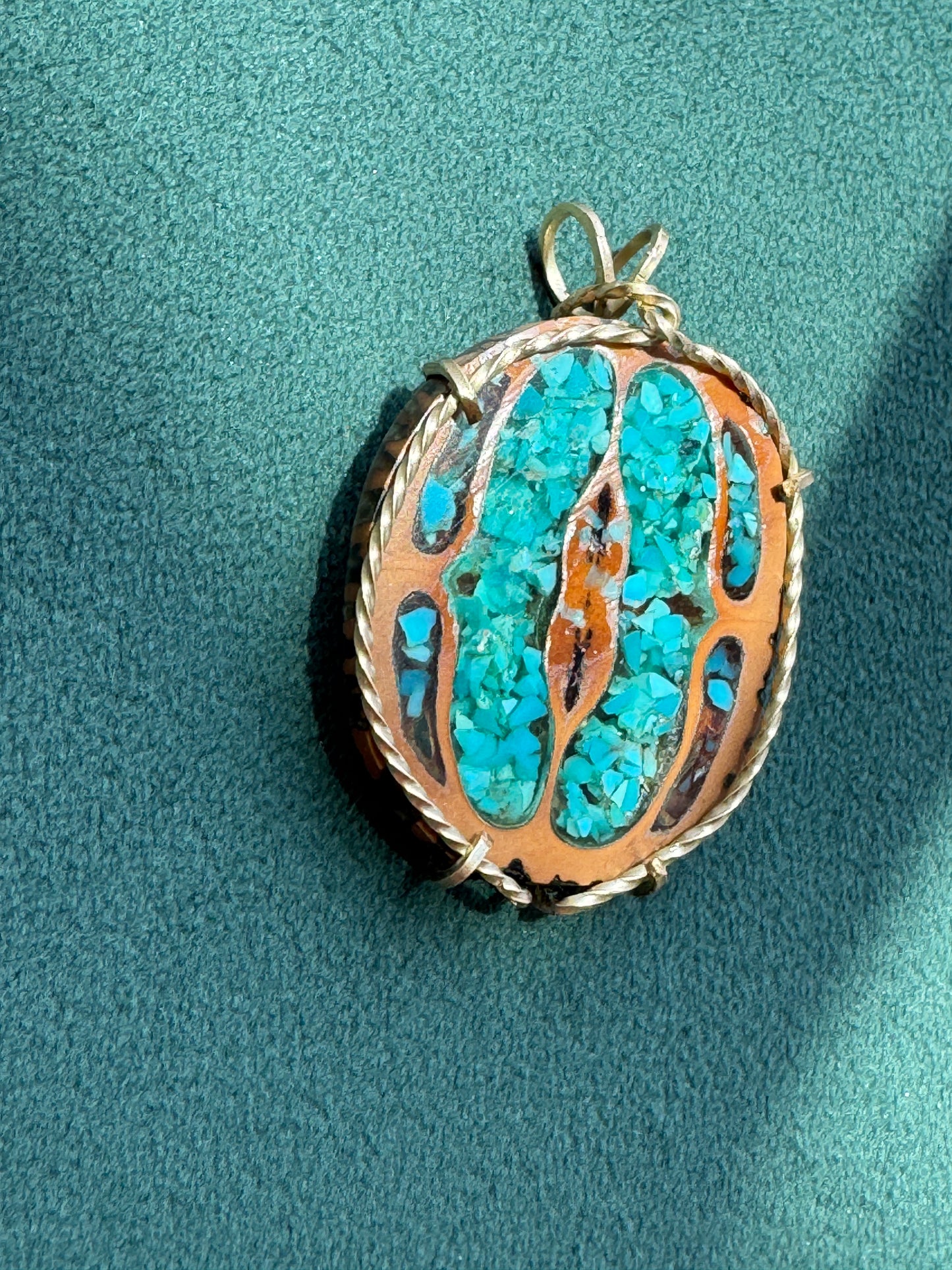 Vintage Walnut Shell Pendant with Crushed Turquoise Inlay, Gold Tone Wire Wrap