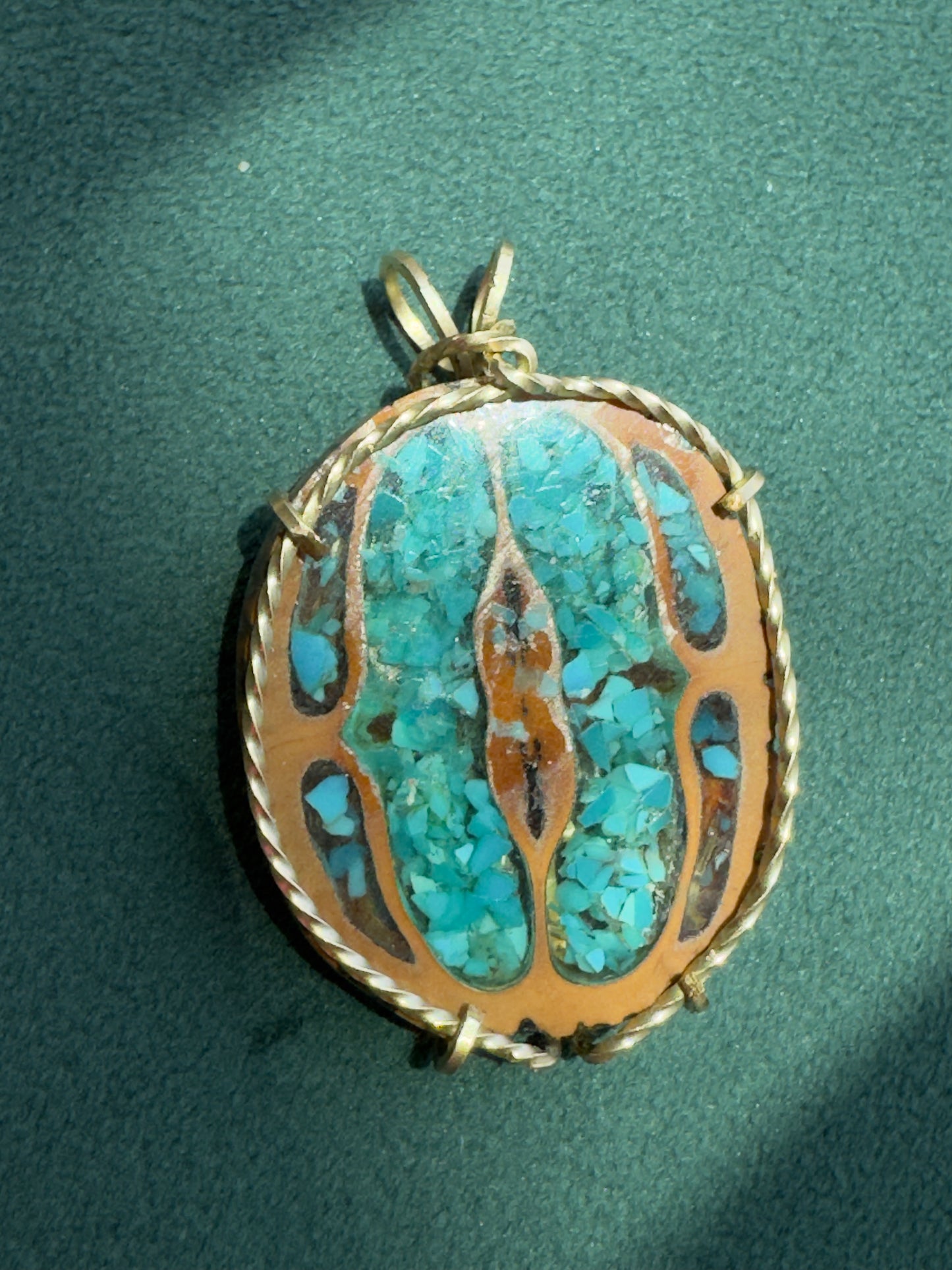 Vintage Walnut Shell Pendant with Crushed Turquoise Inlay, Gold Tone Wire Wrap