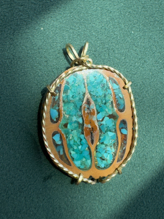 Vintage Walnut Shell Pendant with Crushed Turquoise Inlay, Gold Tone Wire Wrap