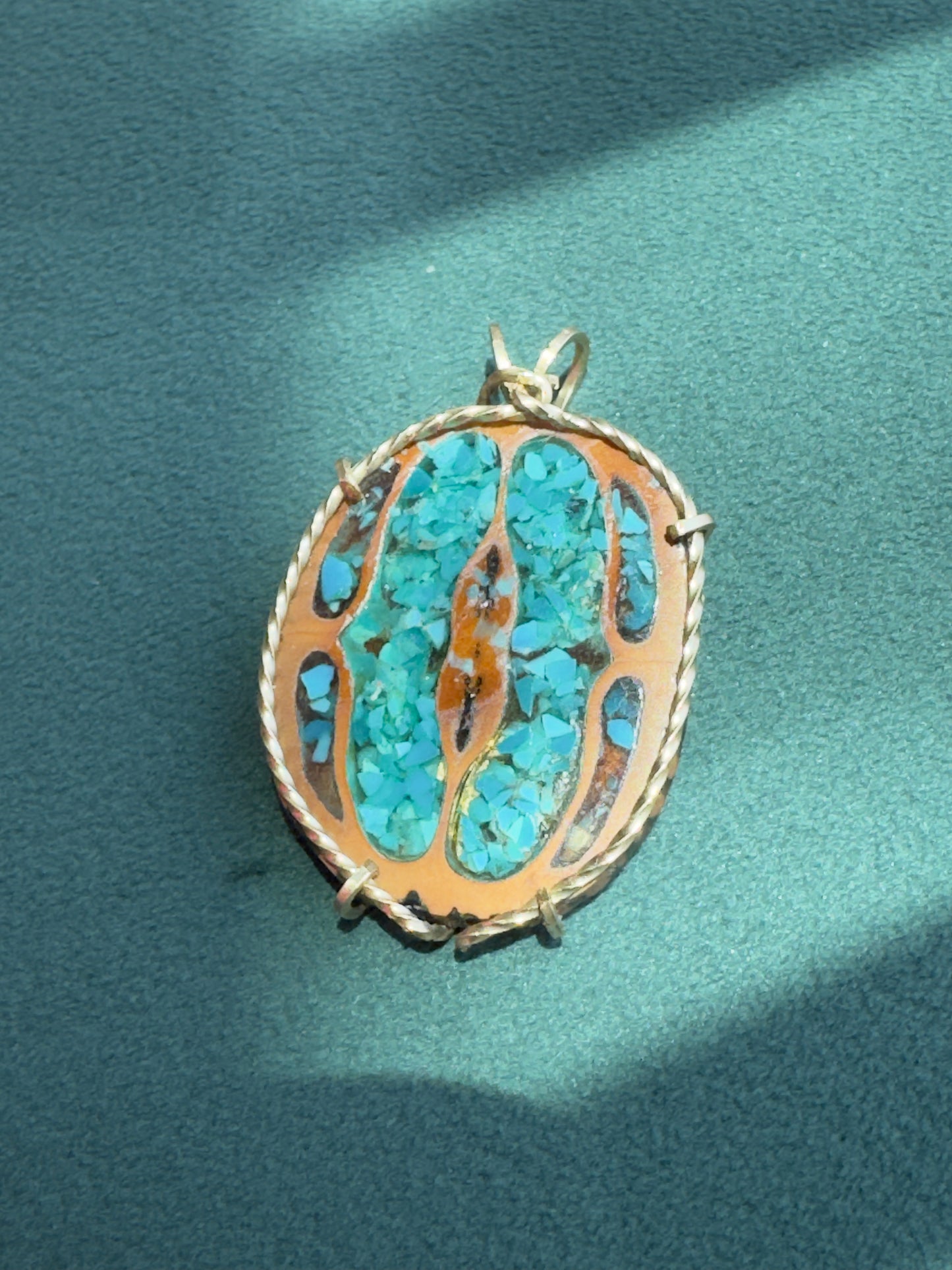 Vintage Walnut Shell Pendant with Crushed Turquoise Inlay, Gold Tone Wire Wrap