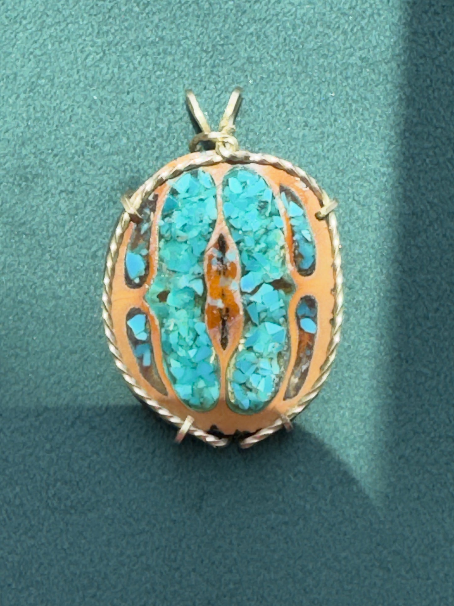 Vintage Walnut Shell Pendant with Crushed Turquoise Inlay, Gold Tone Wire Wrap