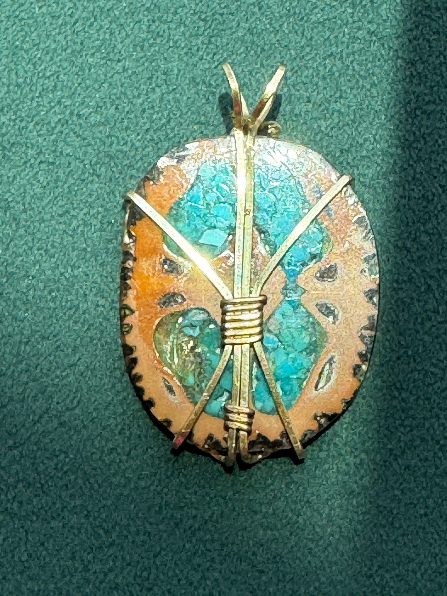 Vintage Walnut Shell Pendant with Crushed Turquoise Inlay, Gold Tone Wire Wrap