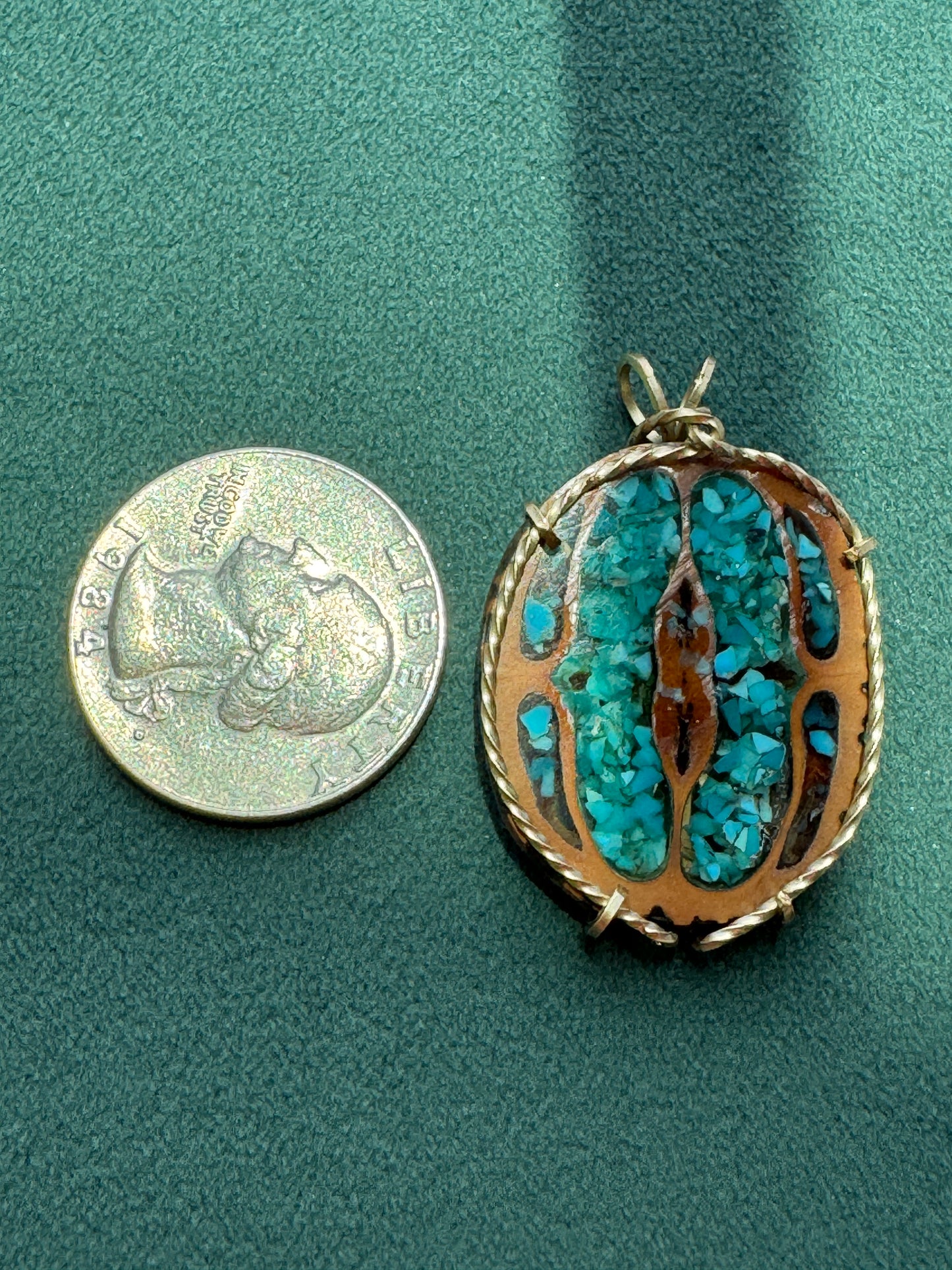 Vintage Walnut Shell Pendant with Crushed Turquoise Inlay, Gold Tone Wire Wrap