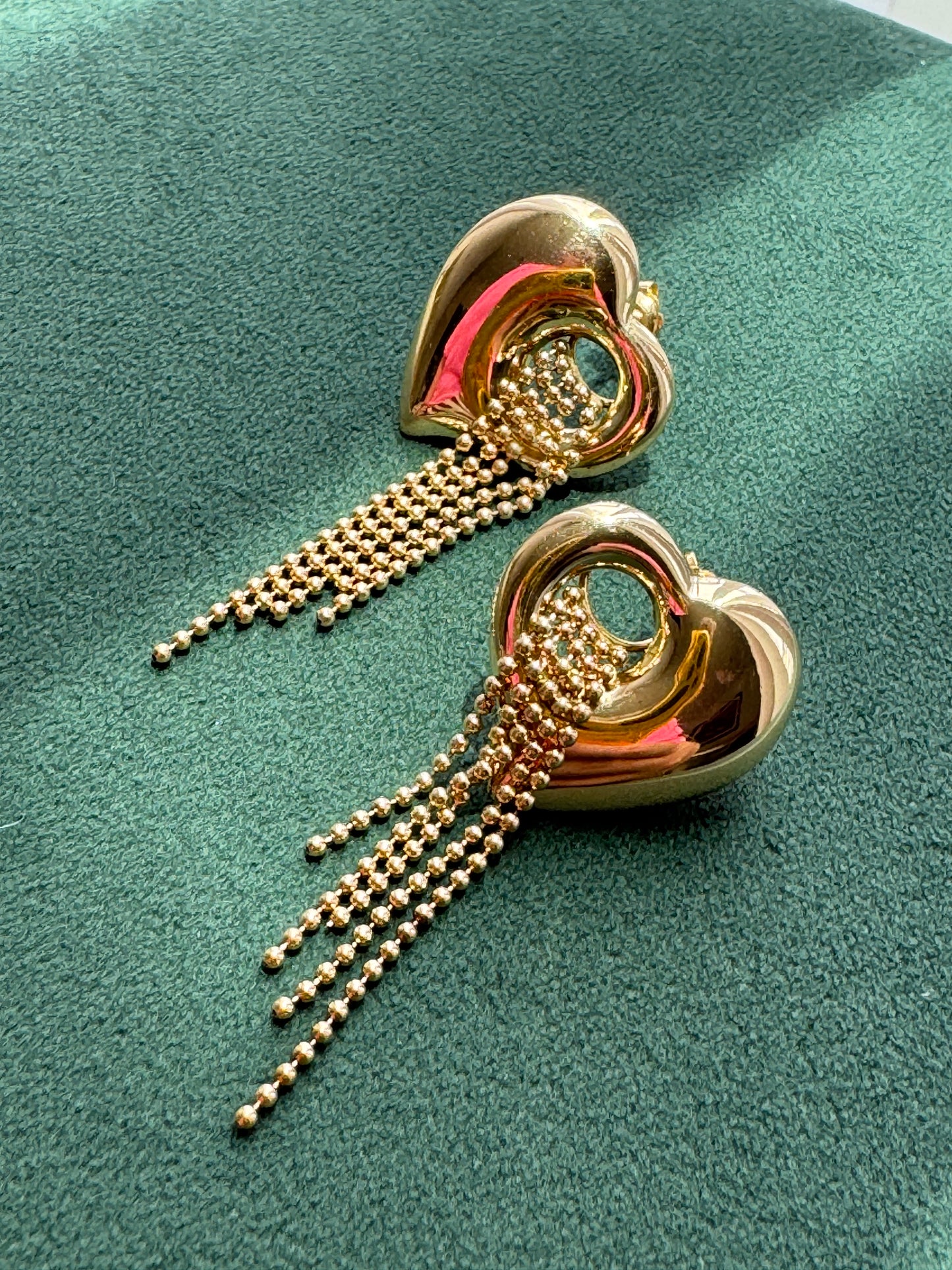 Y2K 14k Gold Puffed Heart Earrings, Beaded Waterfall Fringe Dangles