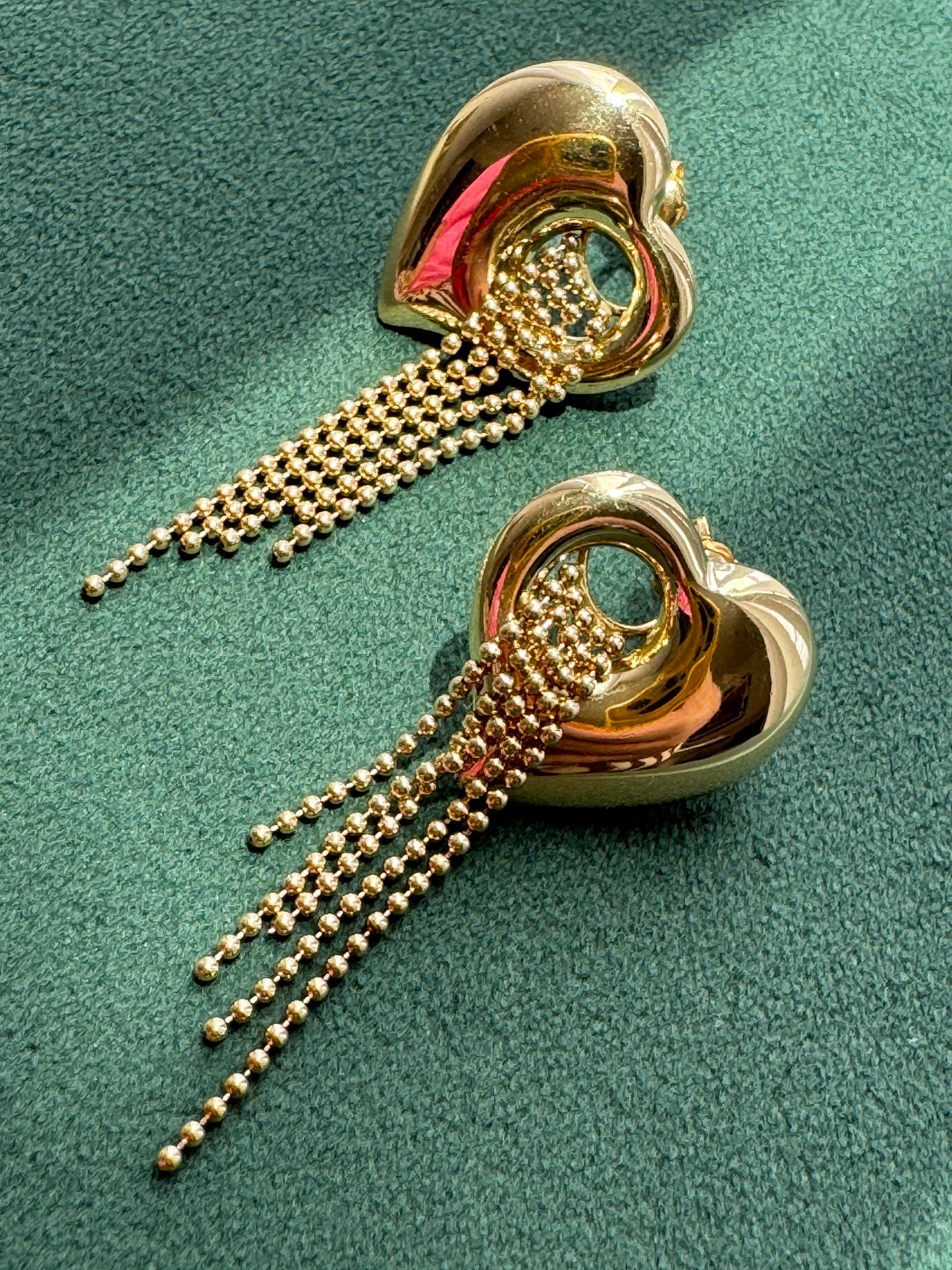Y2K 14k Gold Puffed Heart Earrings, Beaded Waterfall Fringe Dangles