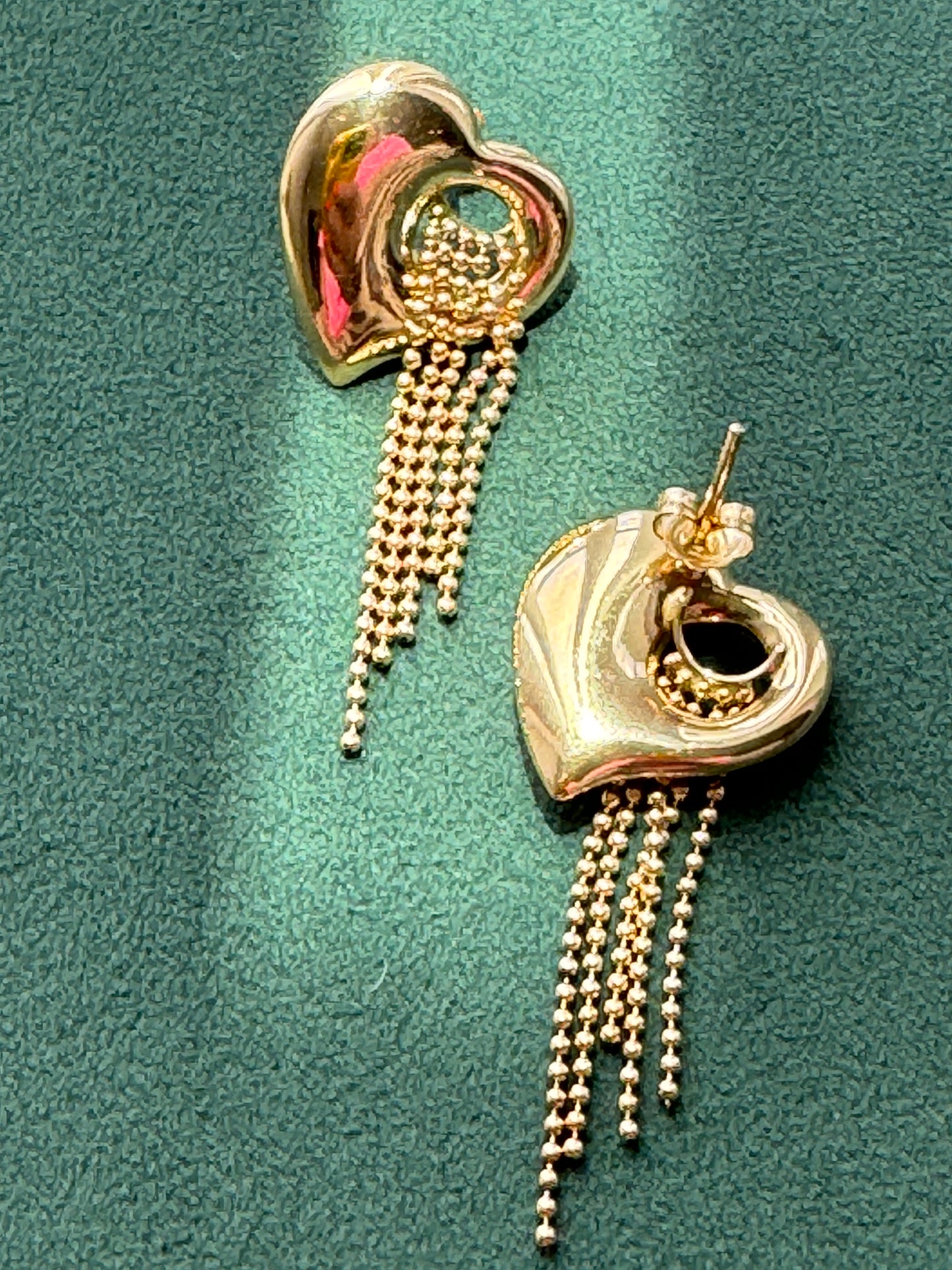 Y2K 14k Gold Puffed Heart Earrings, Beaded Waterfall Fringe Dangles