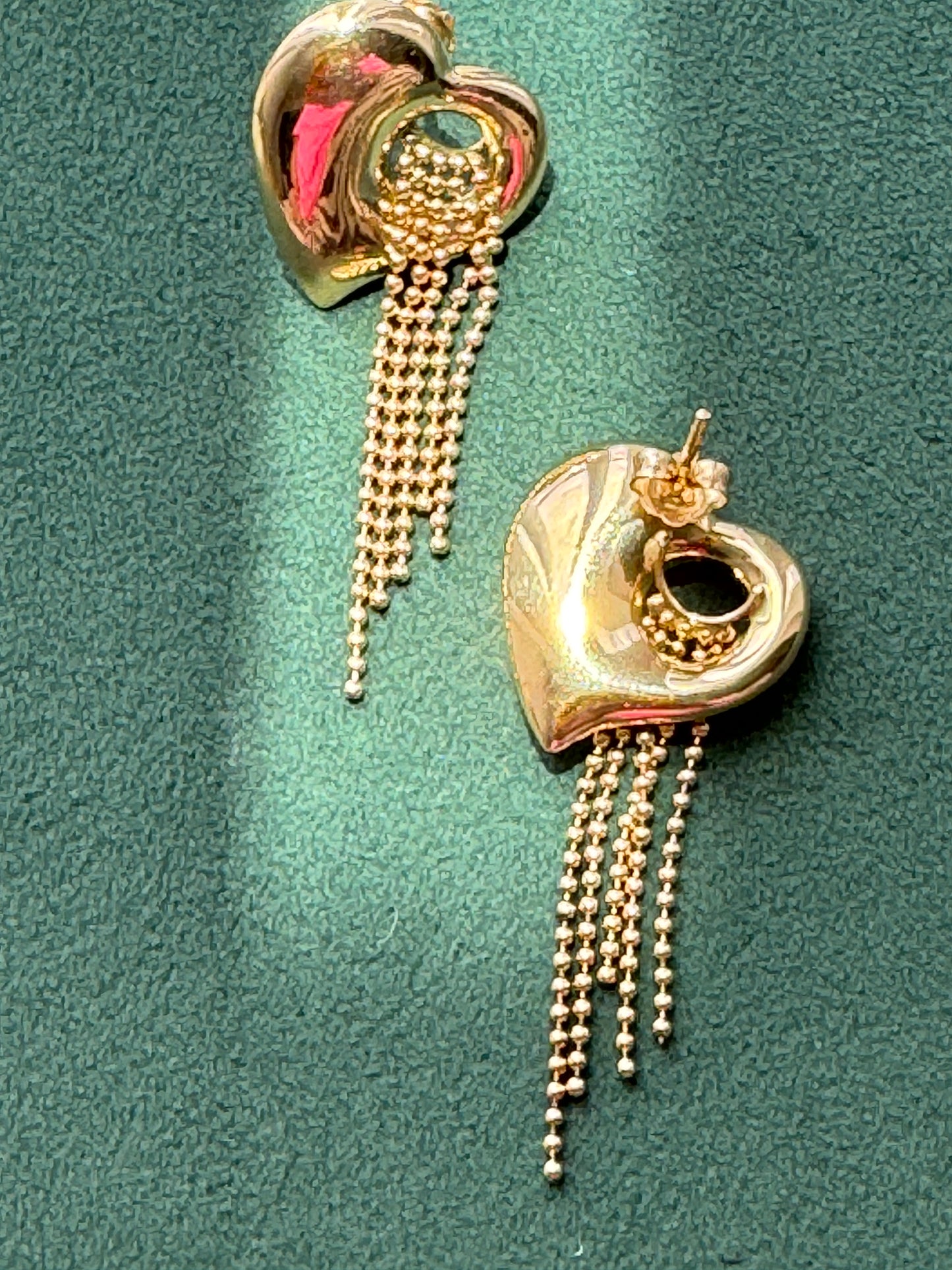 Y2K 14k Gold Puffed Heart Earrings, Beaded Waterfall Fringe Dangles