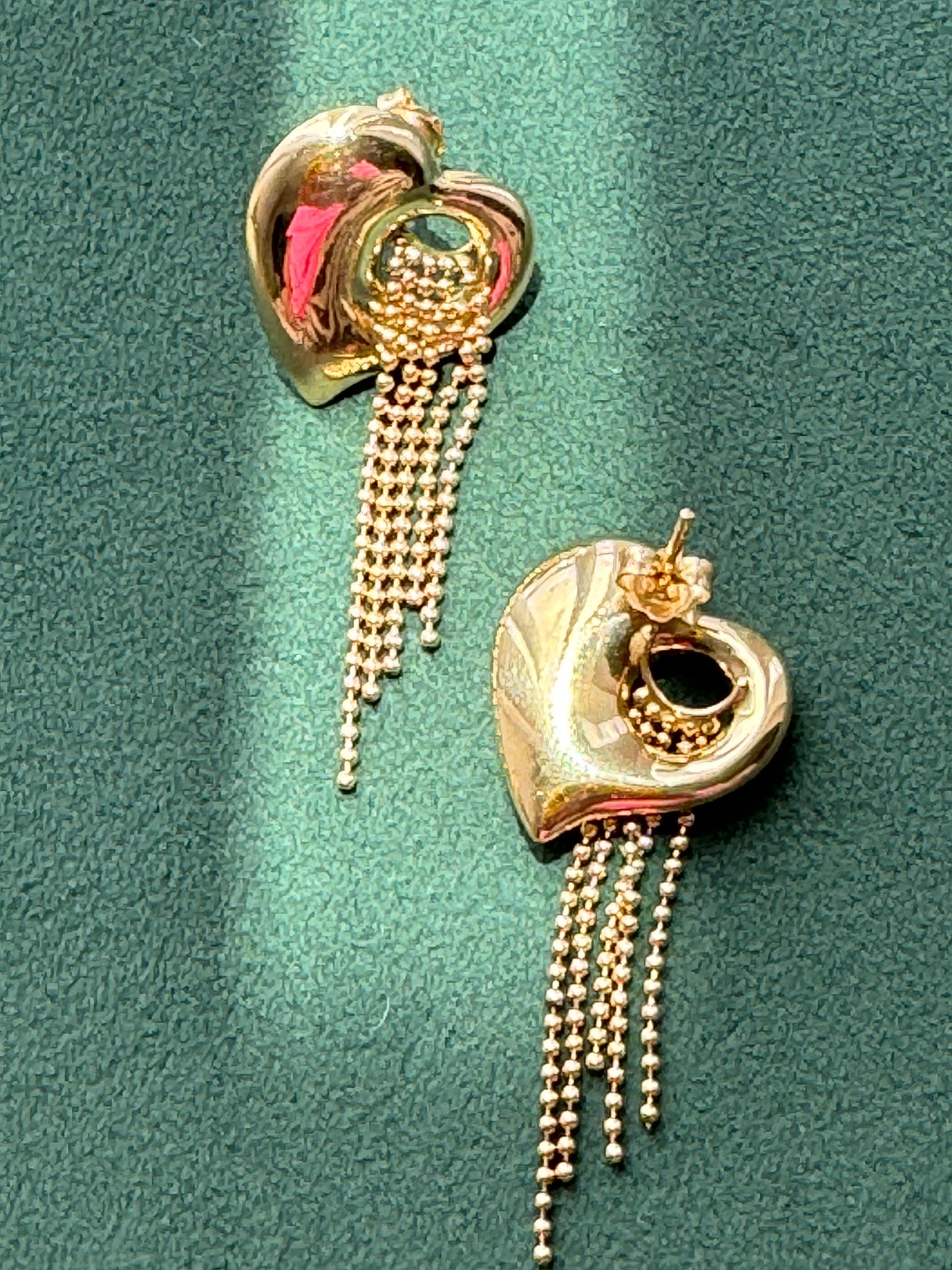 Y2K 14k Gold Puffed Heart Earrings, Beaded Waterfall Fringe Dangles