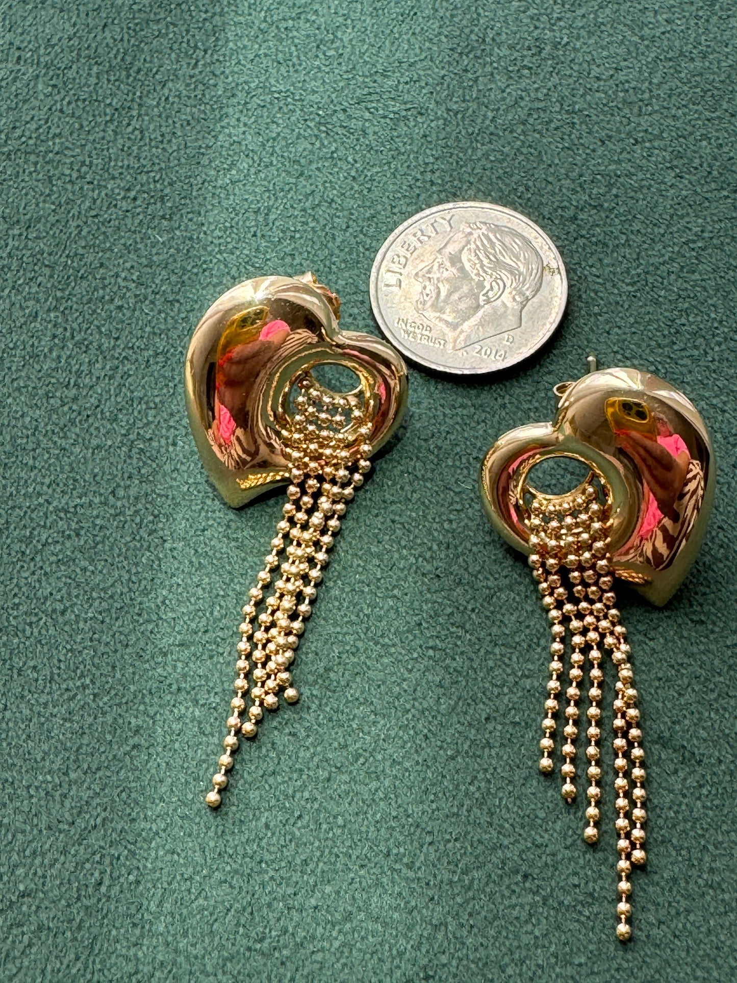 Y2K 14k Gold Puffed Heart Earrings, Beaded Waterfall Fringe Dangles