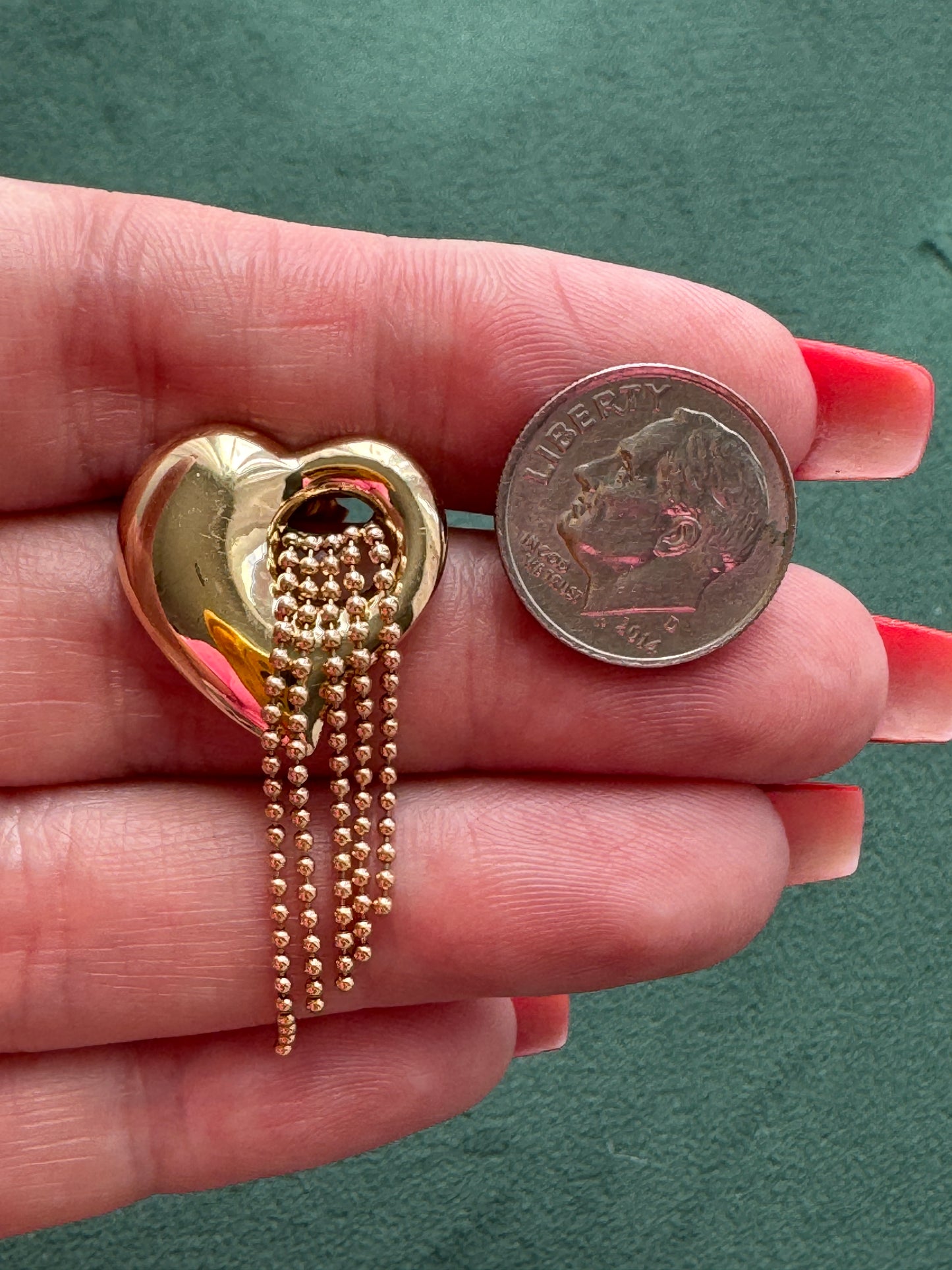 Y2K 14k Gold Puffed Heart Earrings, Beaded Waterfall Fringe Dangles