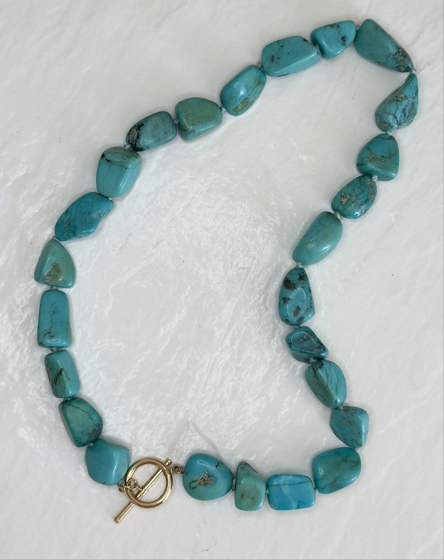 Vintage Genuine Turquoise Chunky Statement Necklace with 14K Gold Toggle Clasp - Natural Stone Beaded Choker