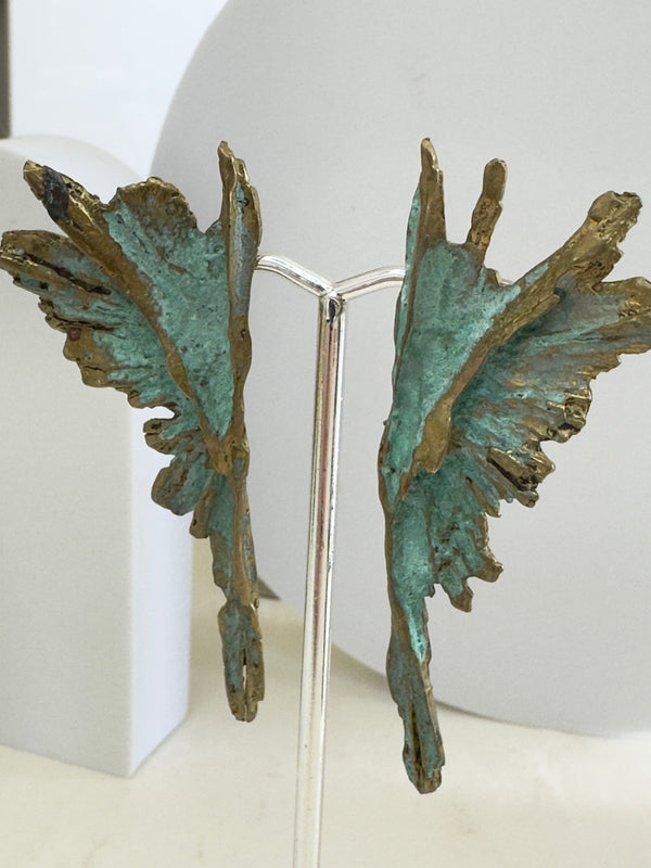 Vintage Patinated Bronze Feathered Wing Earrings