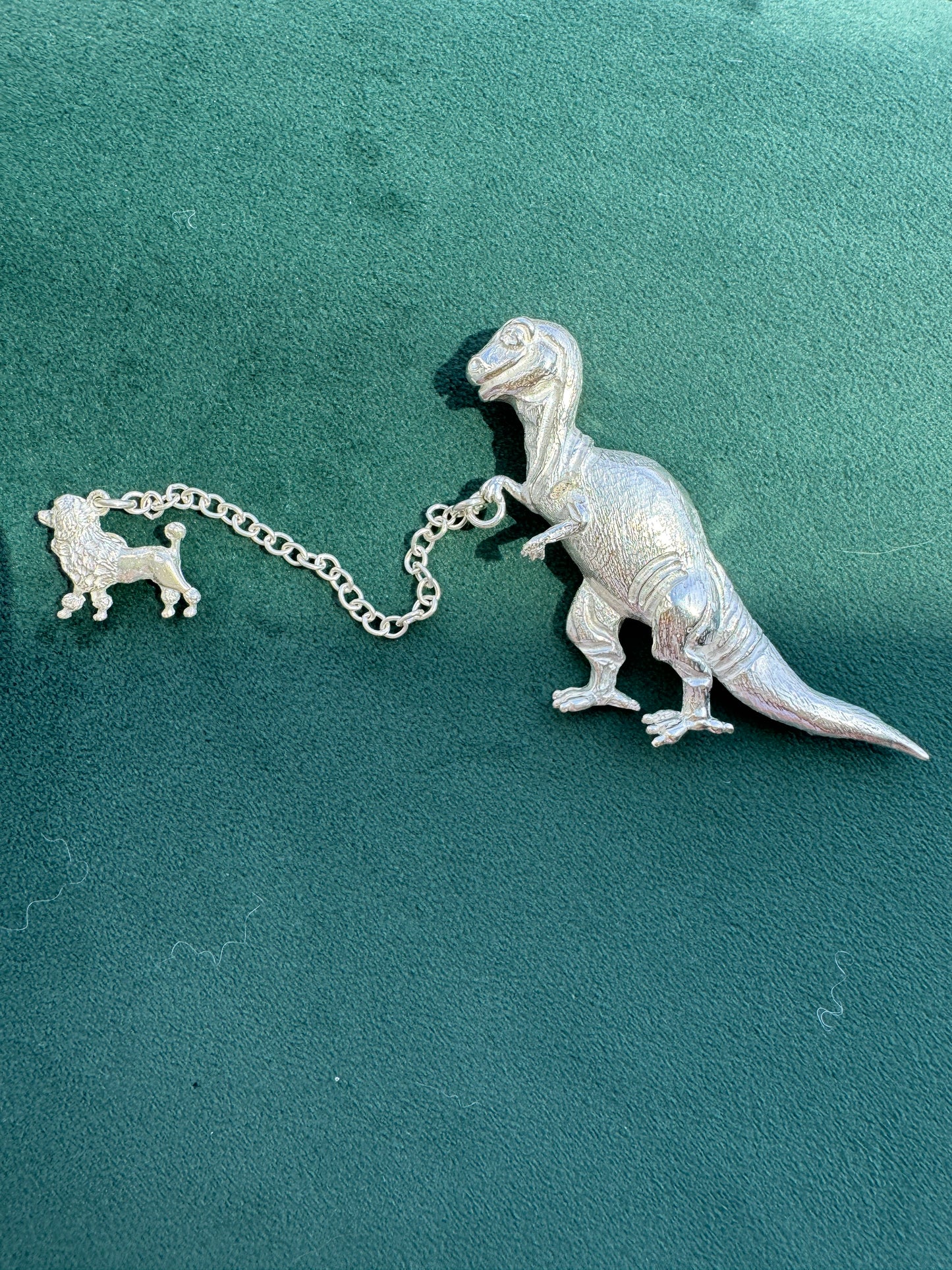 Vintage Sterling Silver T-Rex Brooch Walking a Poodle on a Chain Leash Rare Signed Dinosaur and Dog Novelty Pin Set