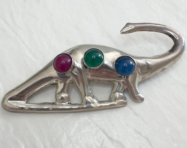 Vintage Rare Taxco Mexico Sterling Silver 925 Genuine Stones Dinosaur Brooch