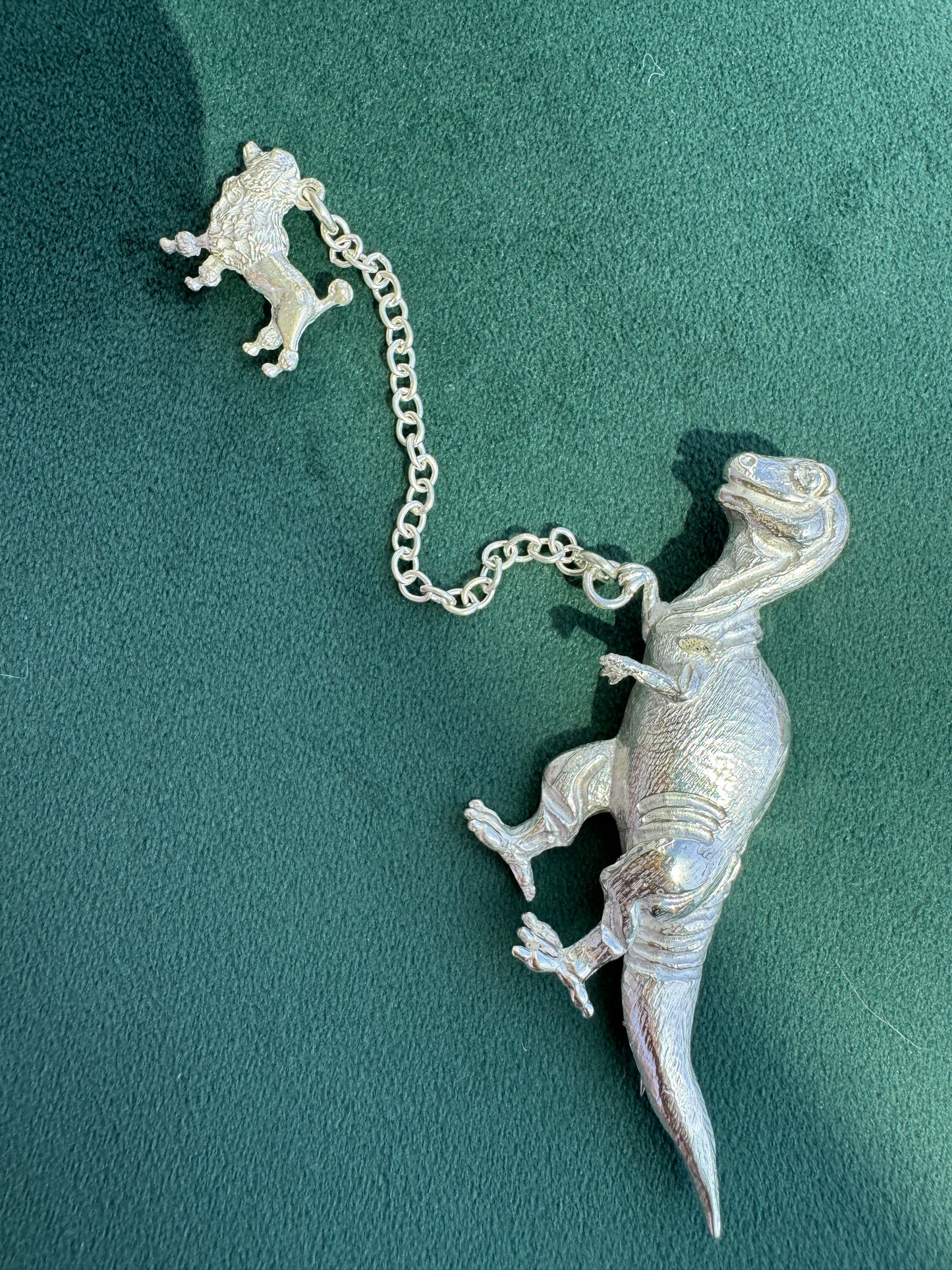 Vintage Sterling Silver T-Rex Brooch Walking a Poodle on a Chain Leash Rare Signed Dinosaur and Dog Novelty Pin Set