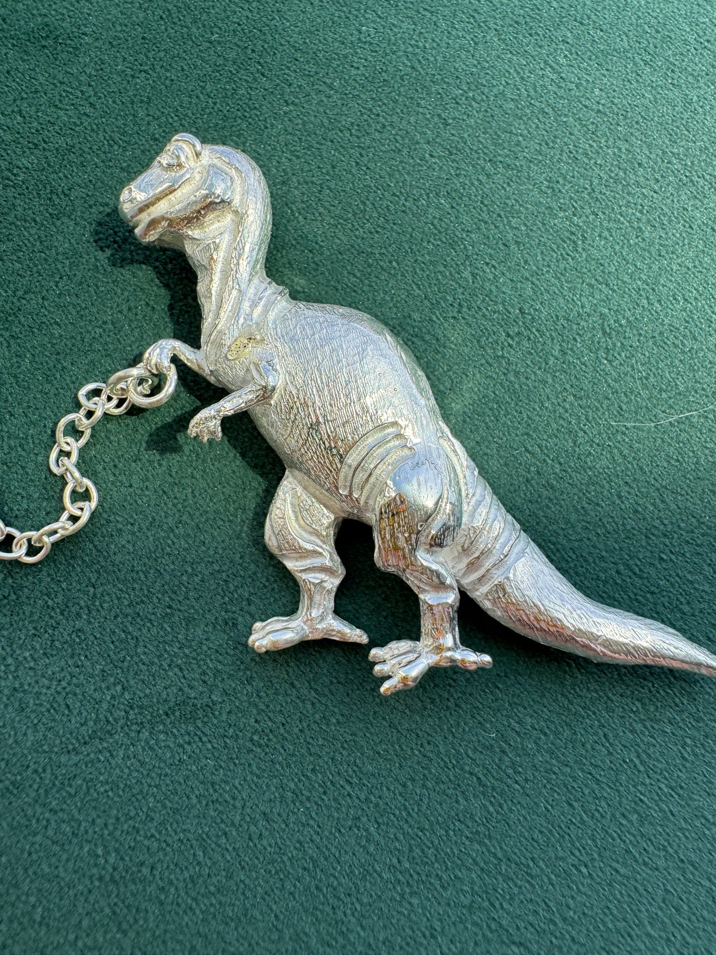 Vintage Sterling Silver T-Rex Brooch Walking a Poodle on a Chain Leash Rare Signed Dinosaur and Dog Novelty Pin Set