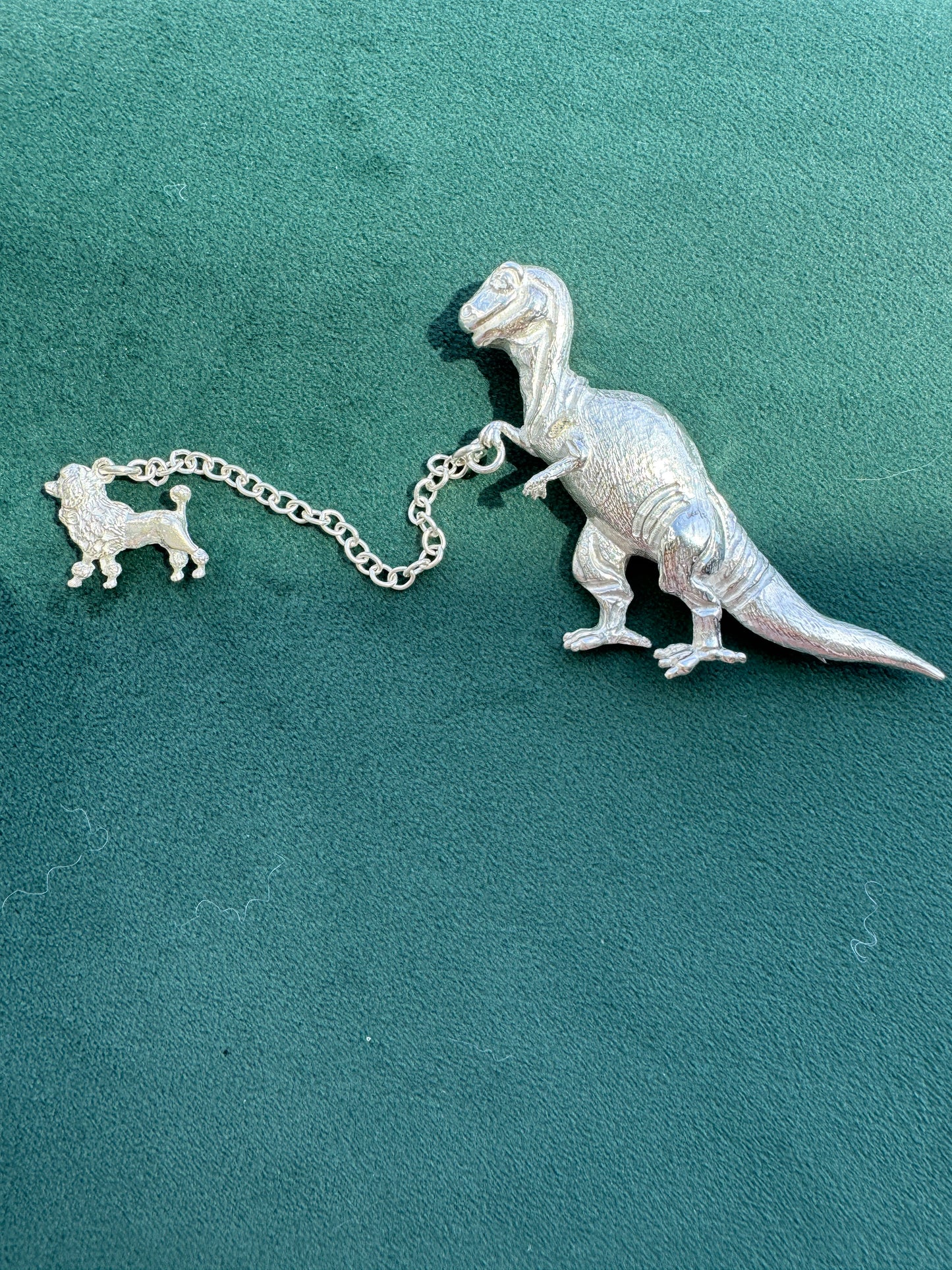 Vintage Sterling Silver T-Rex Brooch Walking a Poodle on a Chain Leash Rare Signed Dinosaur and Dog Novelty Pin Set