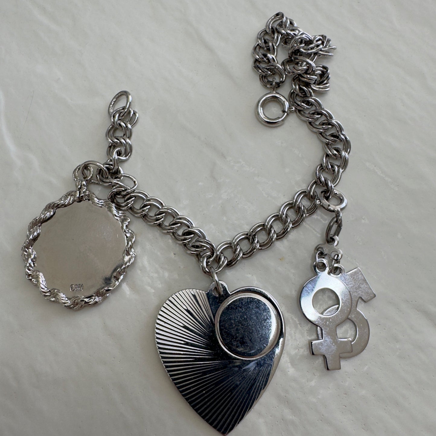 Vintage Sterling Silver Charm Bracelet with Heart & Gender Symbol Charms - 1960s New Old Stock