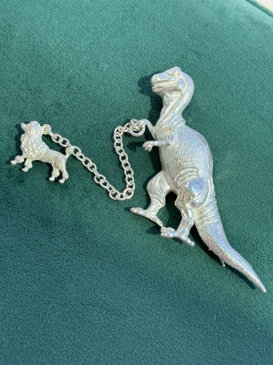 Vintage Sterling Silver T-Rex Brooch Walking a Poodle on a Chain Leash Rare Signed Dinosaur and Dog Novelty Pin Set