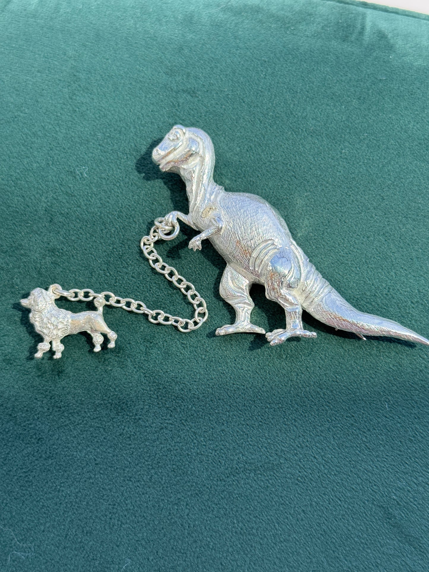 Vintage Sterling Silver T-Rex Brooch Walking a Poodle on a Chain Leash Rare Signed Dinosaur and Dog Novelty Pin Set
