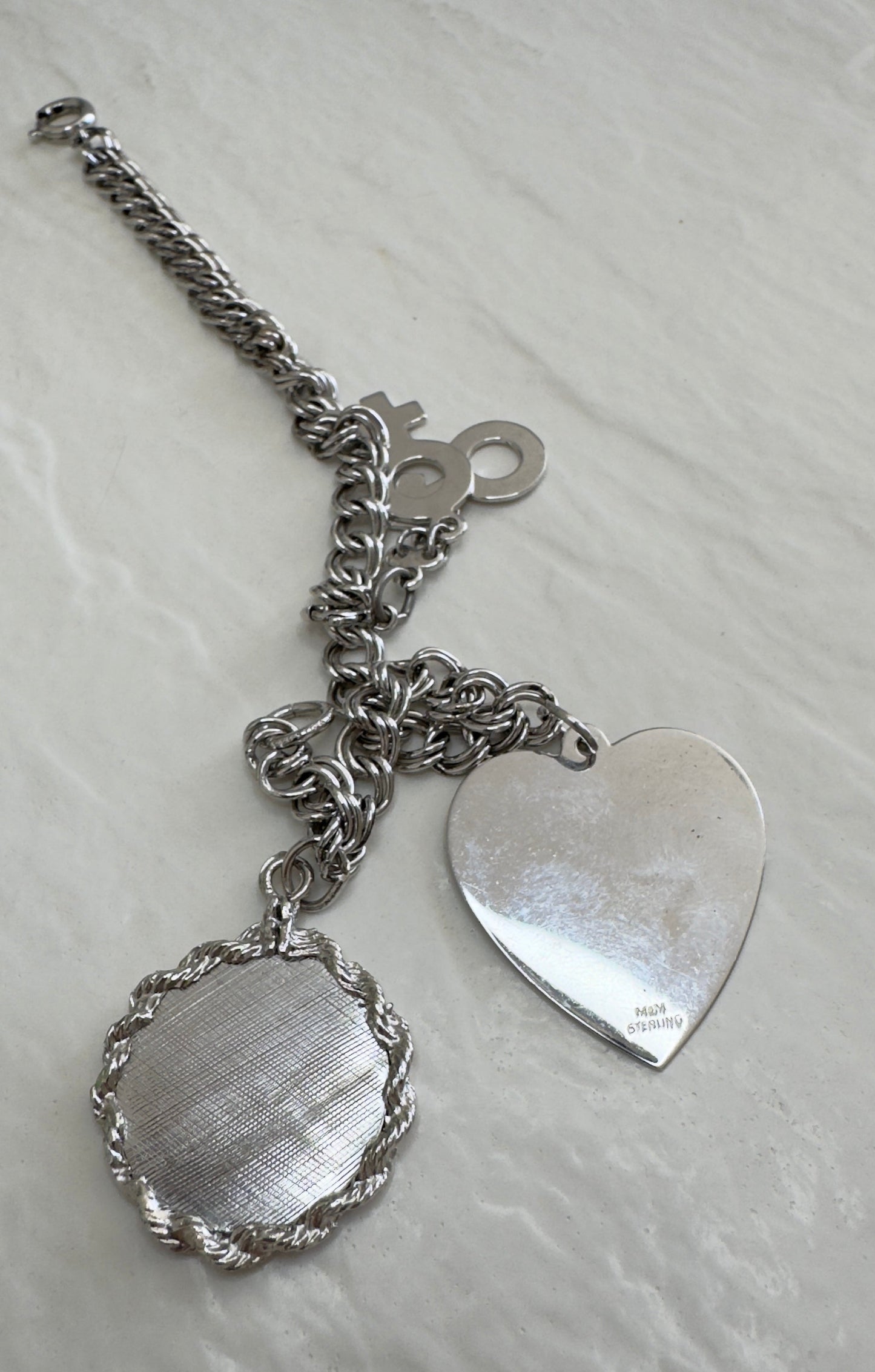 Vintage Sterling Silver Charm Bracelet with Heart & Gender Symbol Charms - 1960s New Old Stock