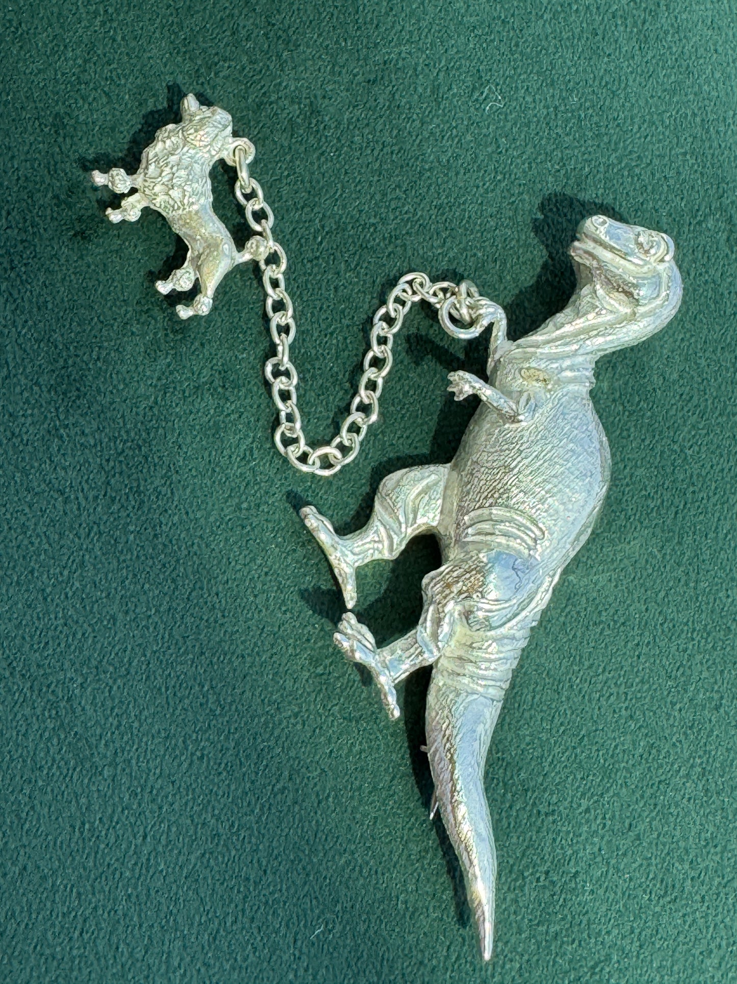 Vintage Sterling Silver T-Rex Brooch Walking a Poodle on a Chain Leash Rare Signed Dinosaur and Dog Novelty Pin Set