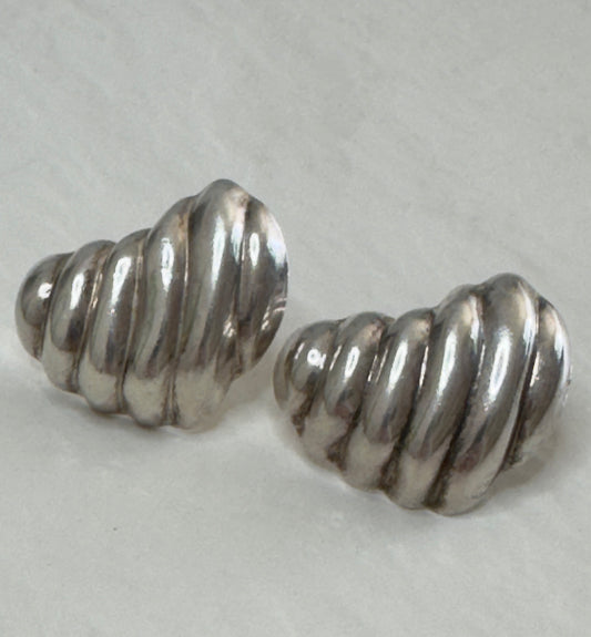 Vintage Mexican sterling silver ribbed puffy heart earrings with dimensional swirl pattern and high polish finish